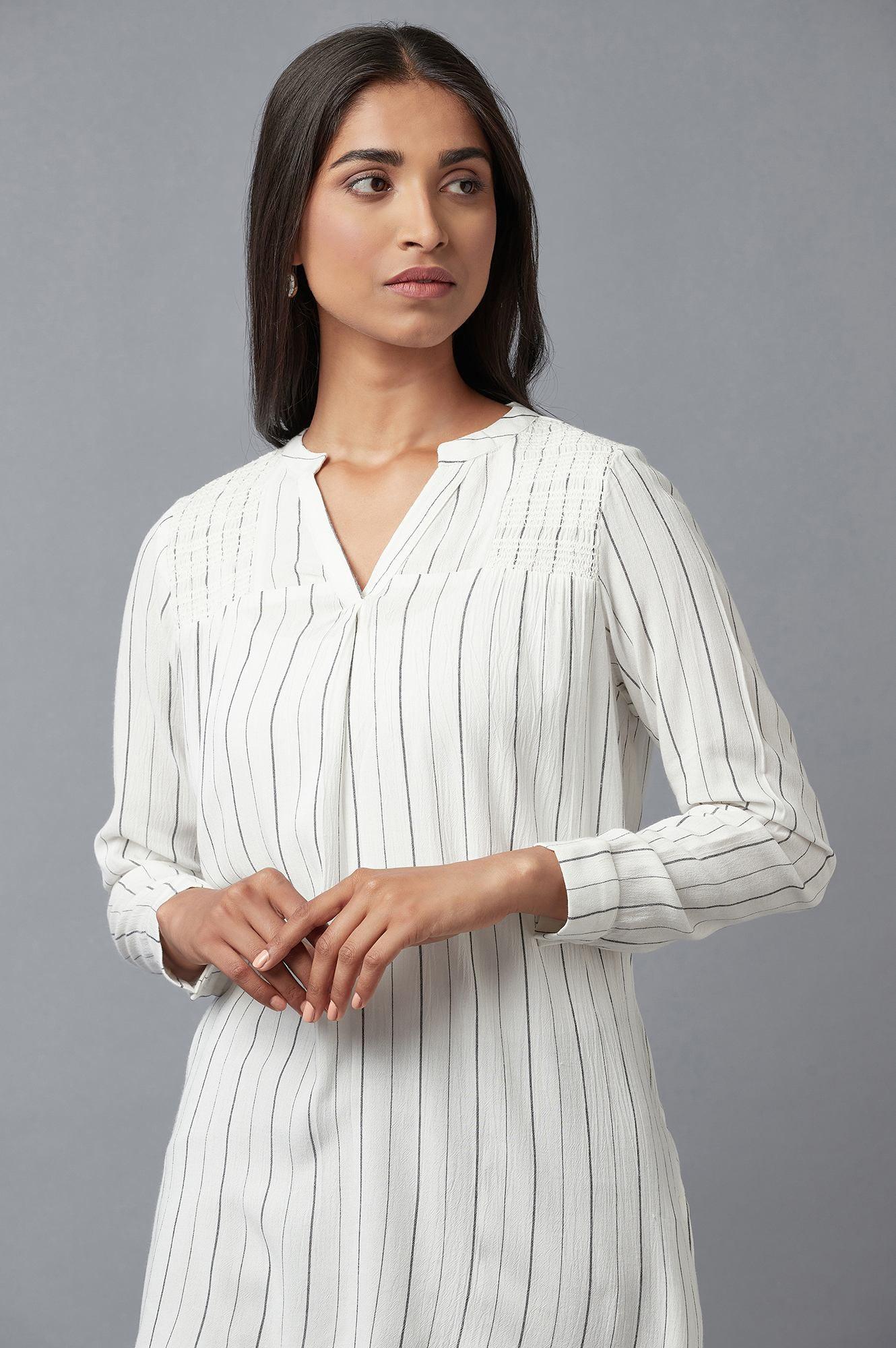 Ecru Stripe Print Western Top In Collared-V Neck - Image 6