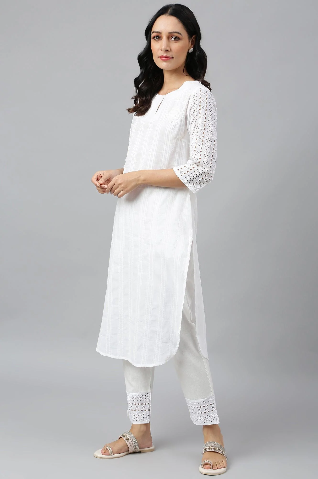 Ecru Textured Schiffli kurta With Pants Set - Image 3