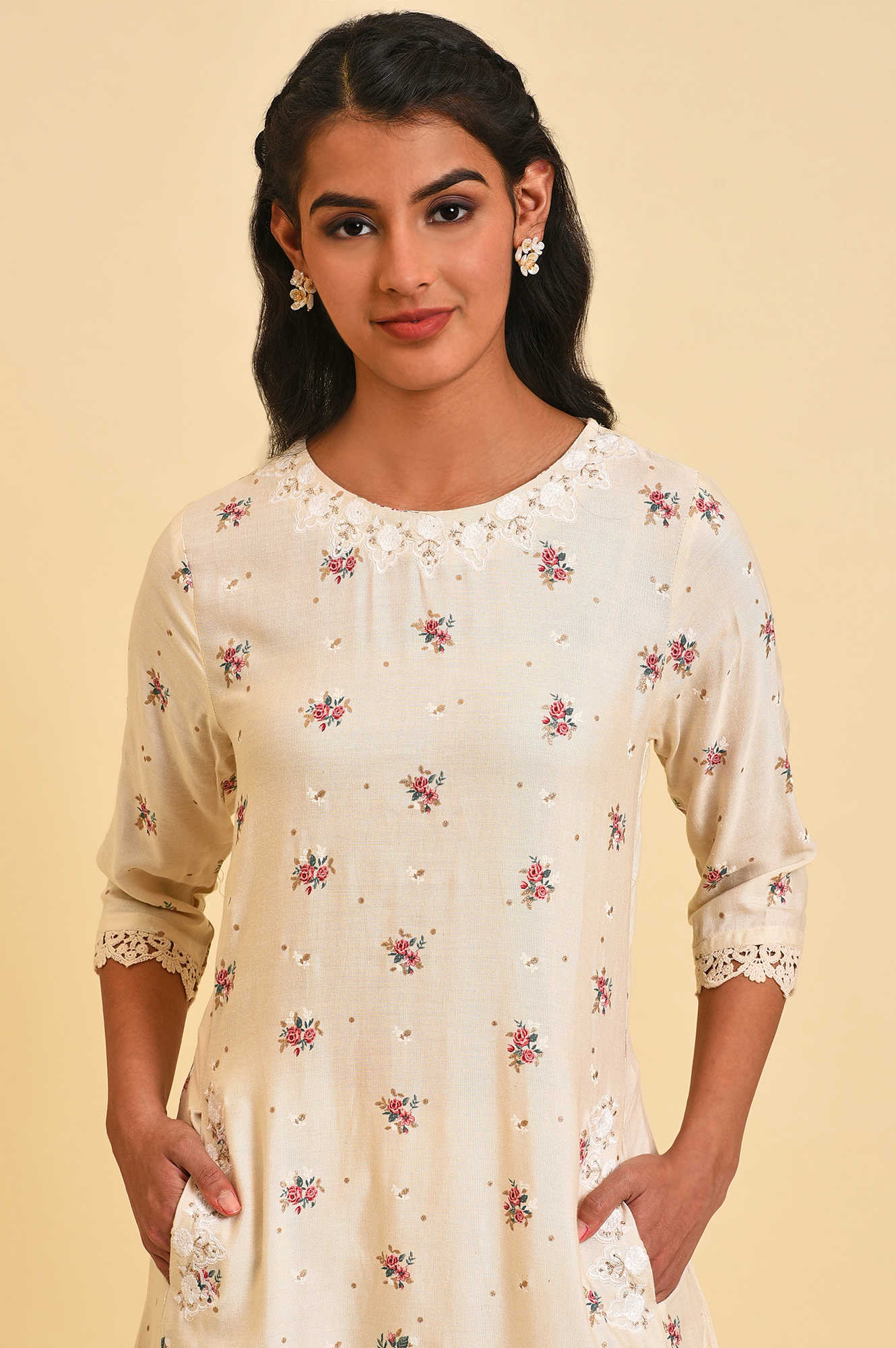 Ecru Thread Embroidery Rayon A-line Kurta and Slim Pant Set - Image 2