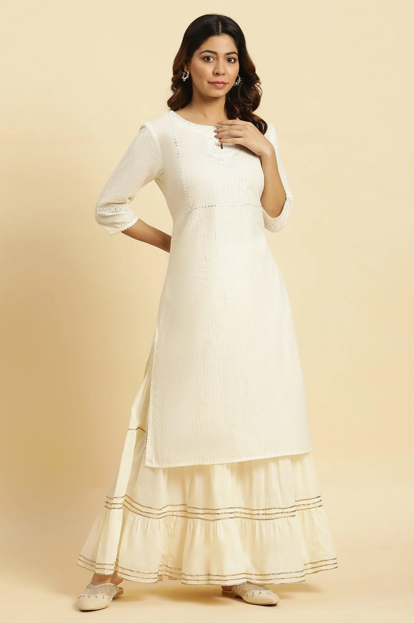 Ecru Tiered Cotton Sharara With Gota - Image 5