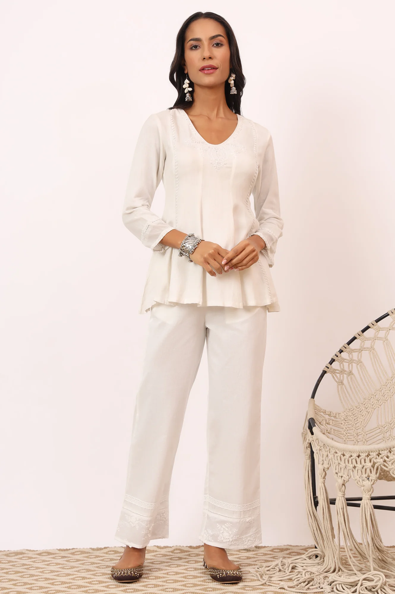 Ecru V-neck Chikankari Flared Top - Image 3