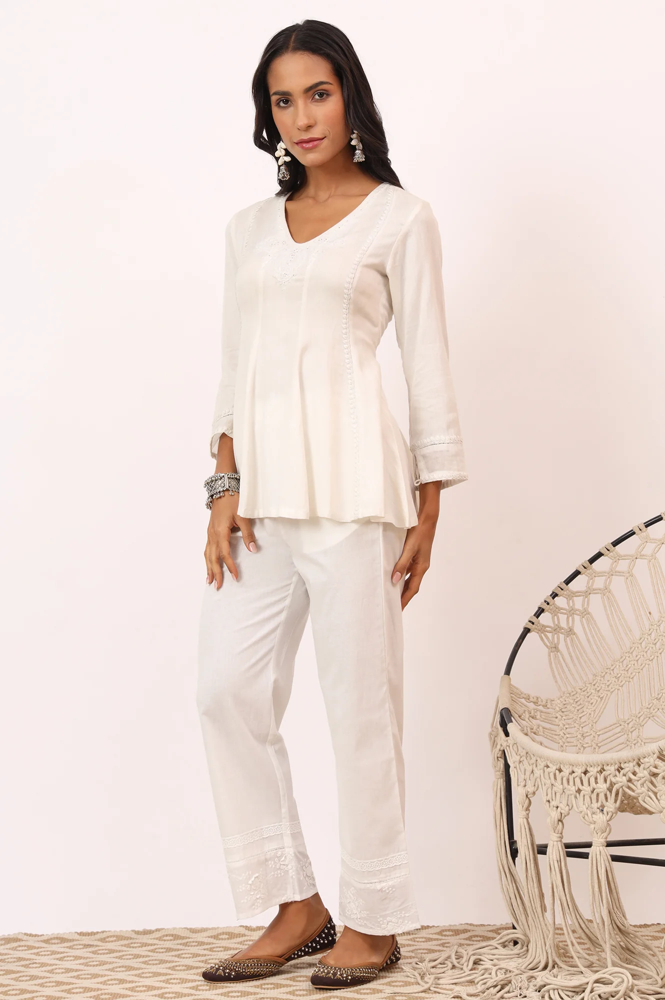 Ecru V-neck Chikankari Flared Top - Image 5