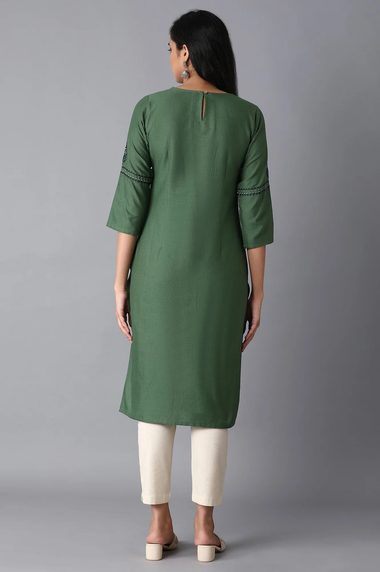 ELM Green Embroidered Straight kurta - Image 2
