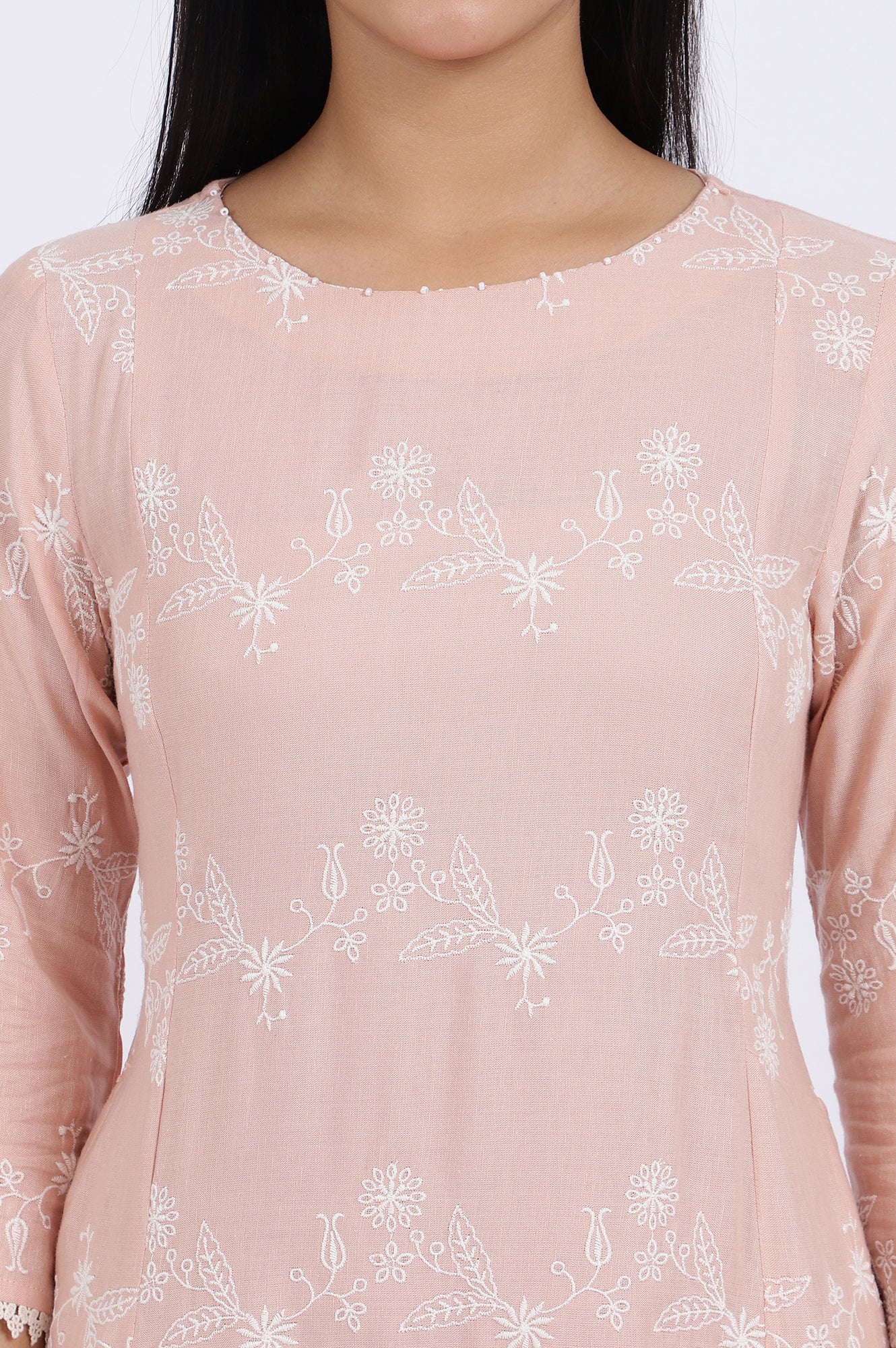 Pink Embroidered Flared Rayon Kurta - Image 4