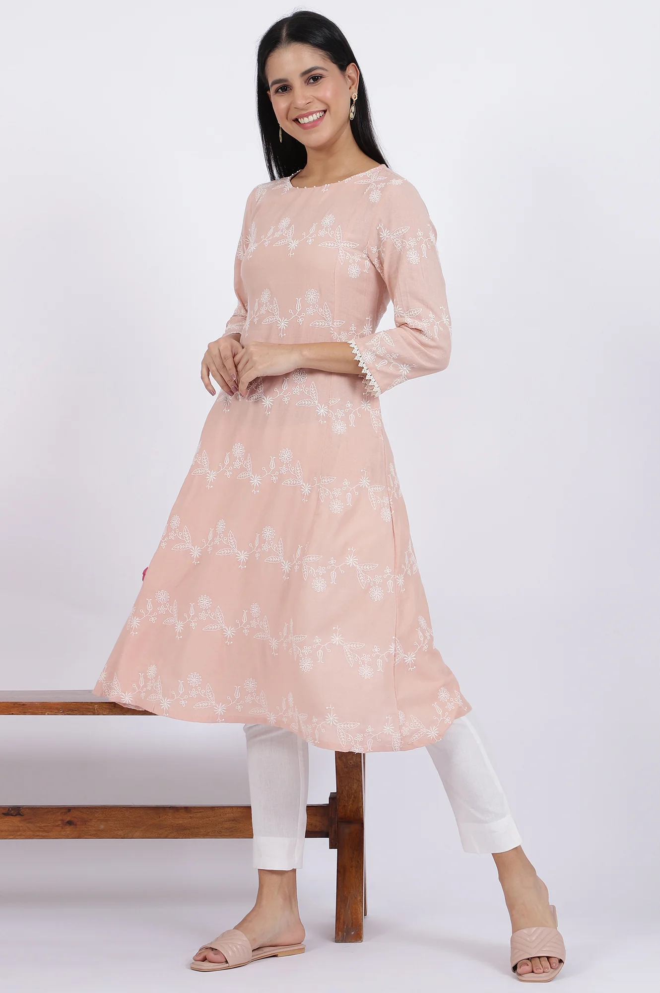 Pink Embroidered Flared Rayon Kurta - Image 5