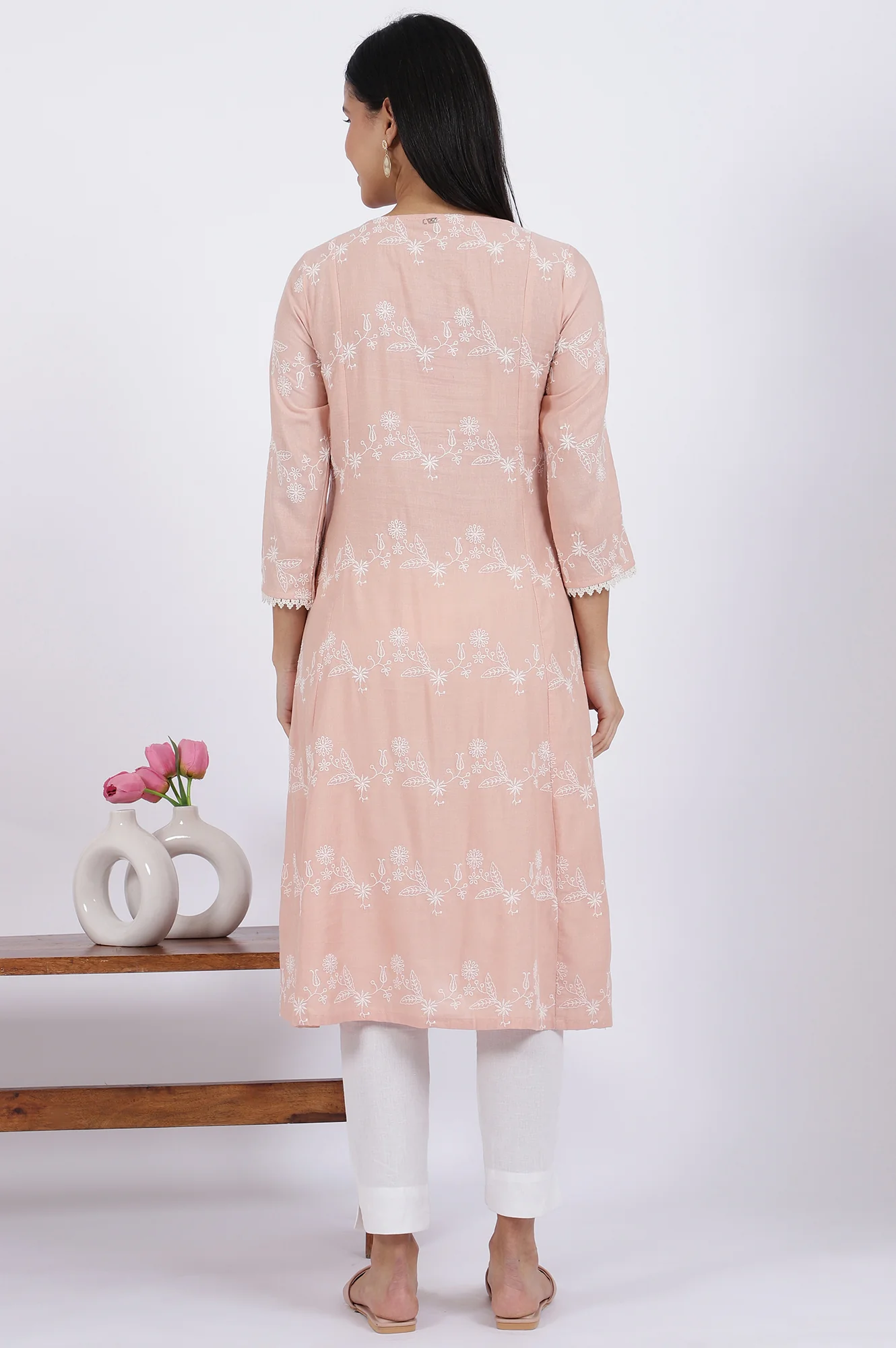 Pink Embroidered Flared Rayon Kurta - Image 6