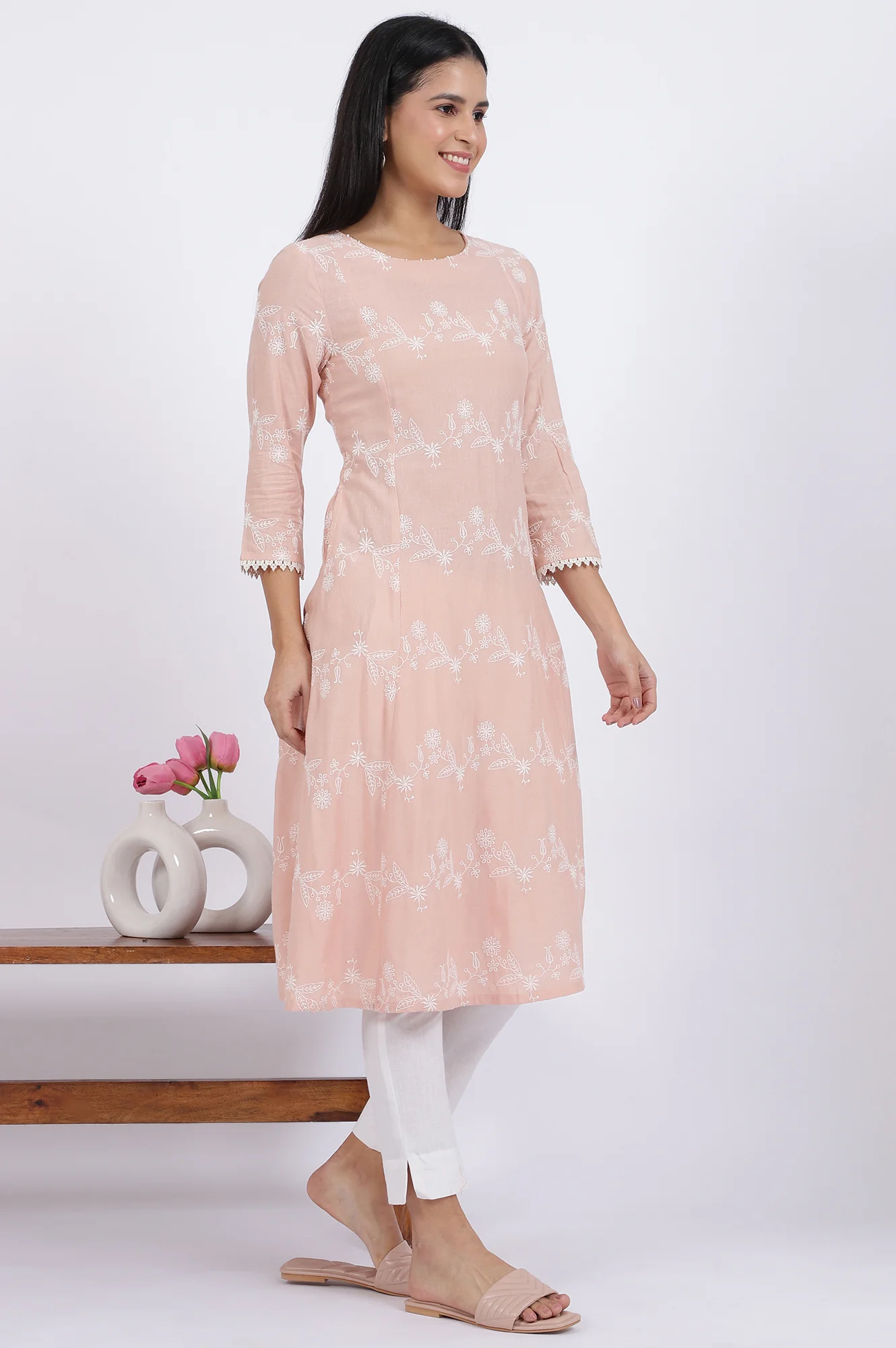 Pink Embroidered Flared Rayon Kurta - Image 7