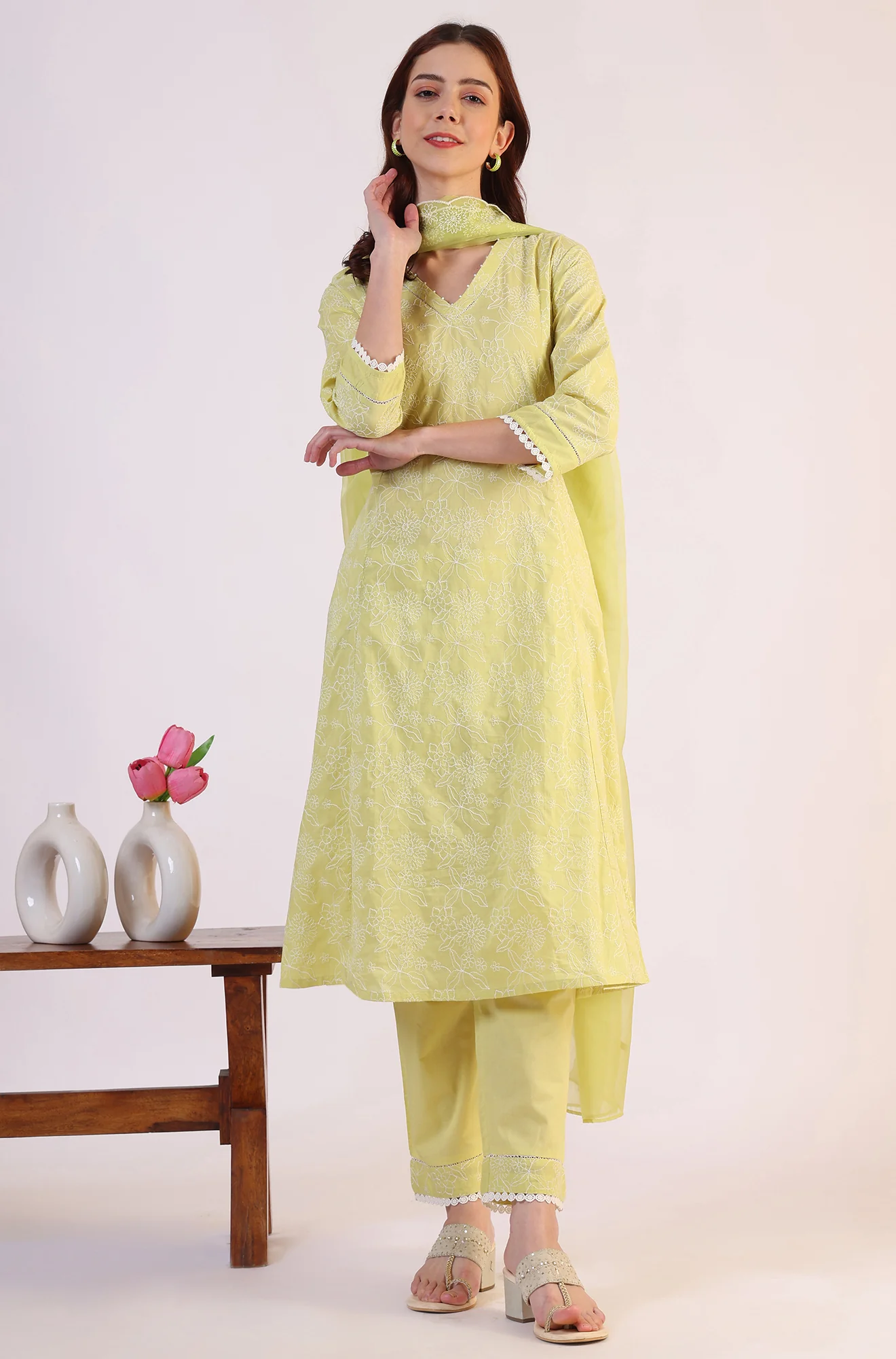 Green Embroidered Lace Flared Pure Cotton Kurta & Straight Pant With Dupatta Set - Image 2