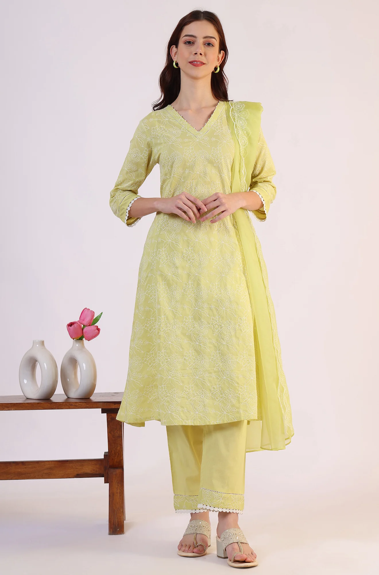 Green Embroidered Lace Flared Pure Cotton Kurta & Straight Pant With Dupatta Set - Image 3