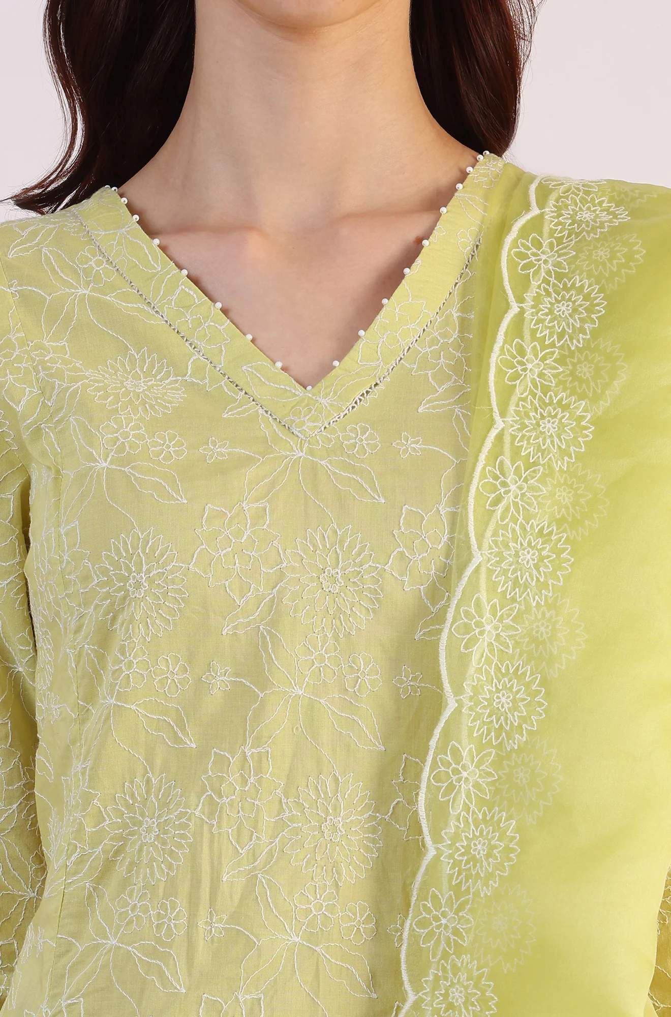 Green Embroidered Lace Flared Pure Cotton Kurta & Straight Pant With Dupatta Set - Image 4