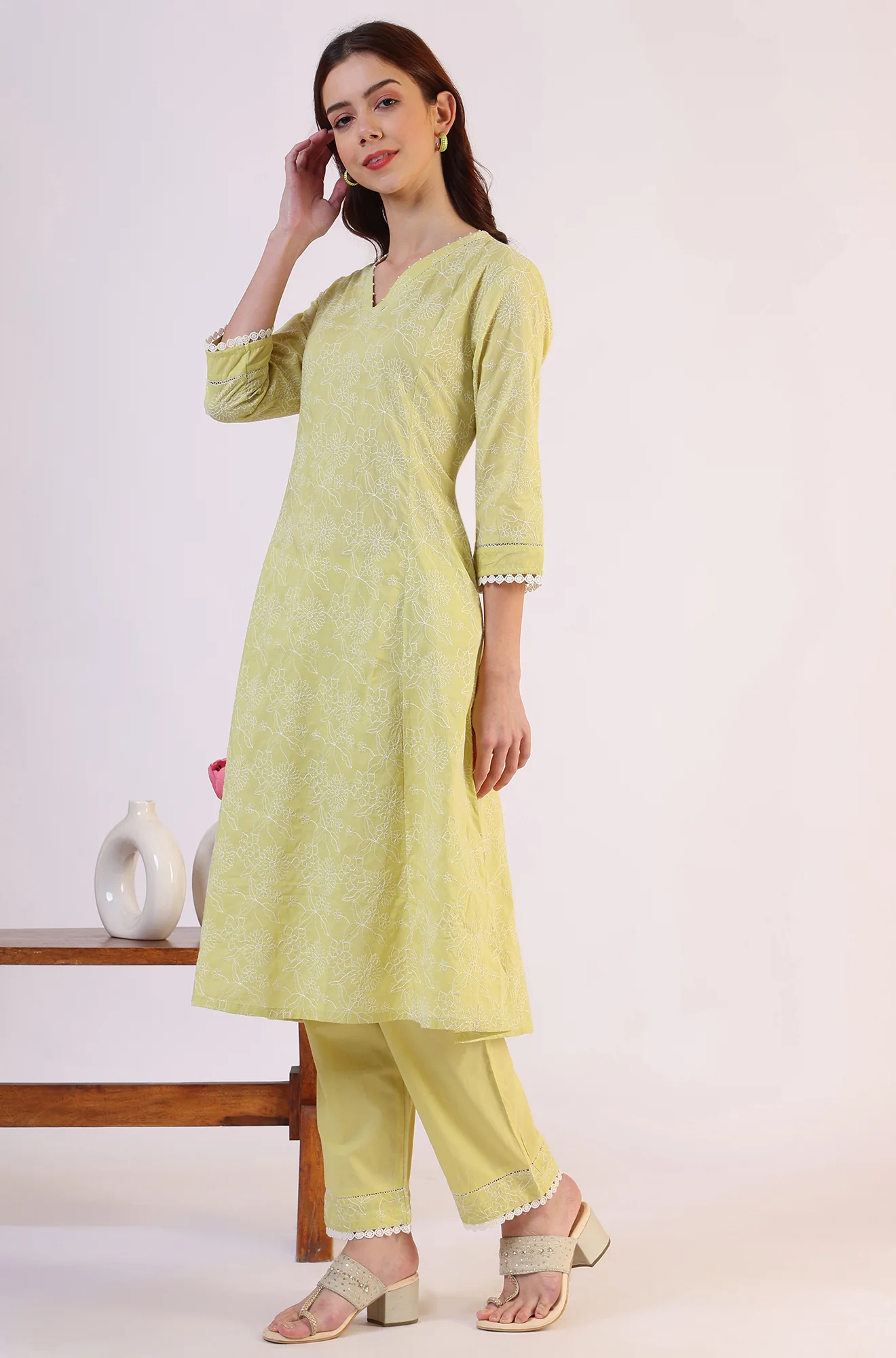 Green Embroidered Lace Flared Pure Cotton Kurta & Straight Pant With Dupatta Set - Image 5