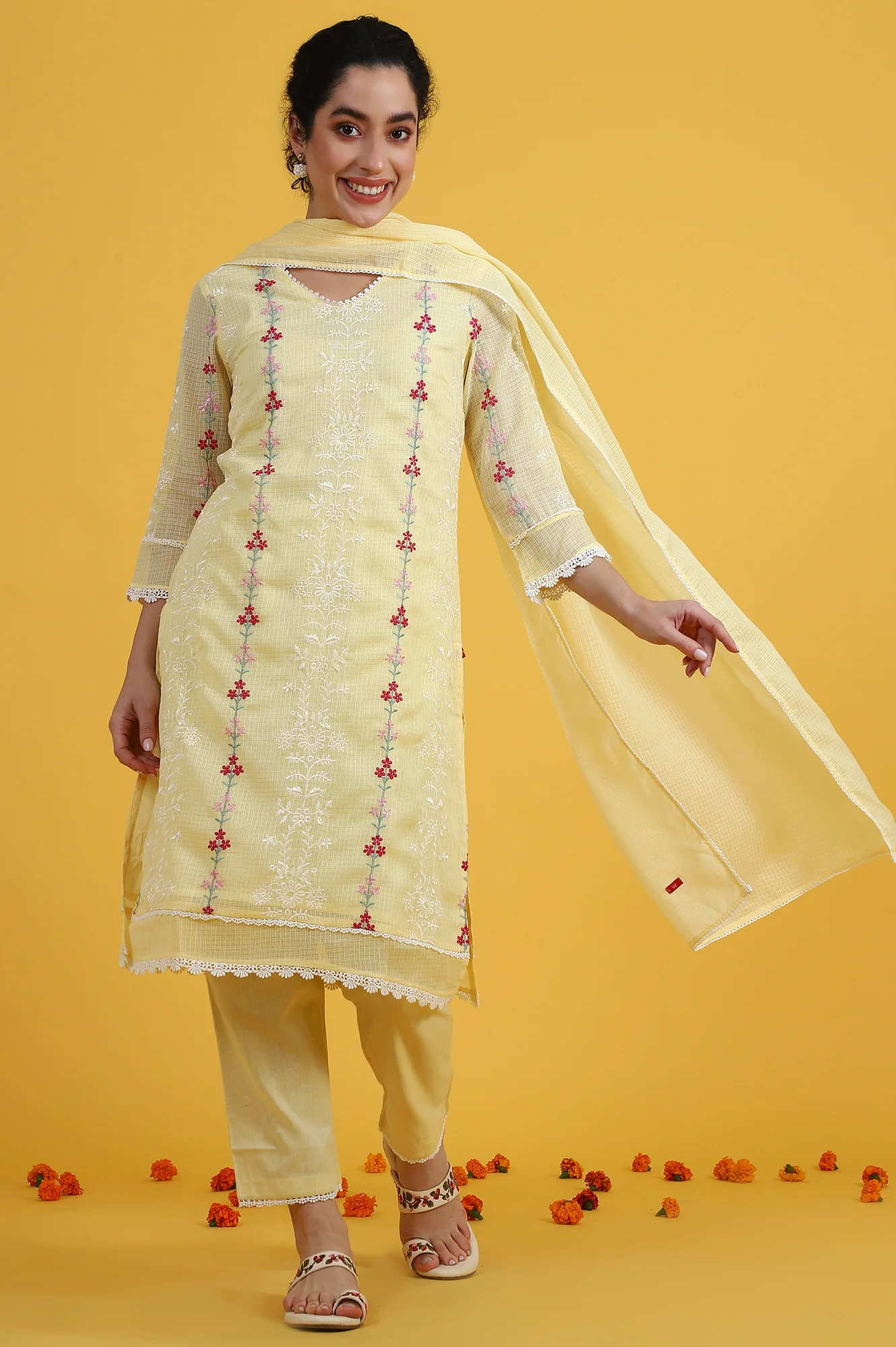 Yellow Embroidered Lace Kota Straight Kurta & Straight Pant With Dupatta Set - Image 2