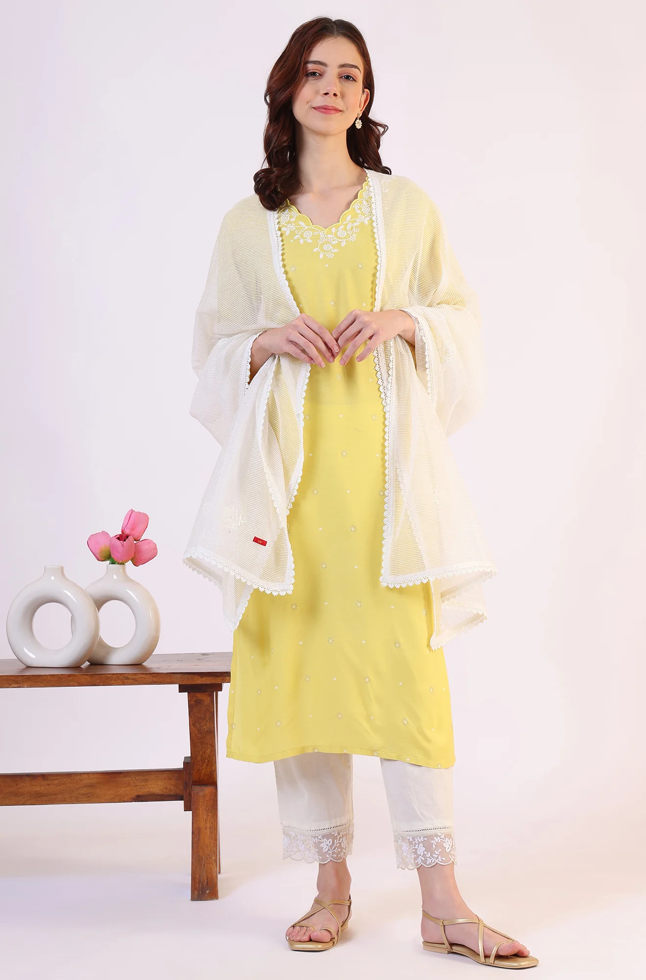 White Embroidered Lace Nylon Dupatta - Image 3