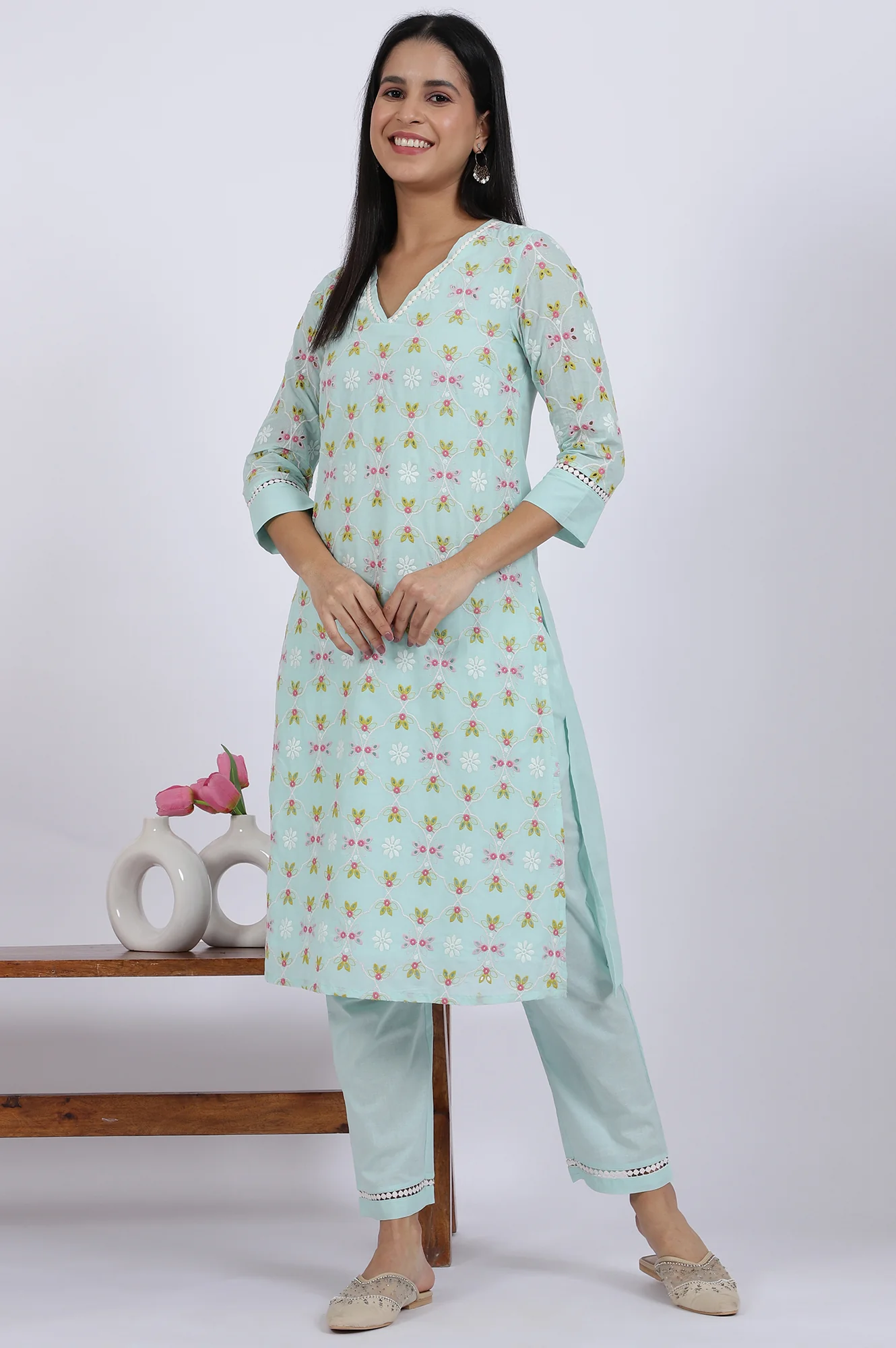 Blue Embroidered Lace Pure Cotton Straight Kurta & Straight Pant Set - Image 3