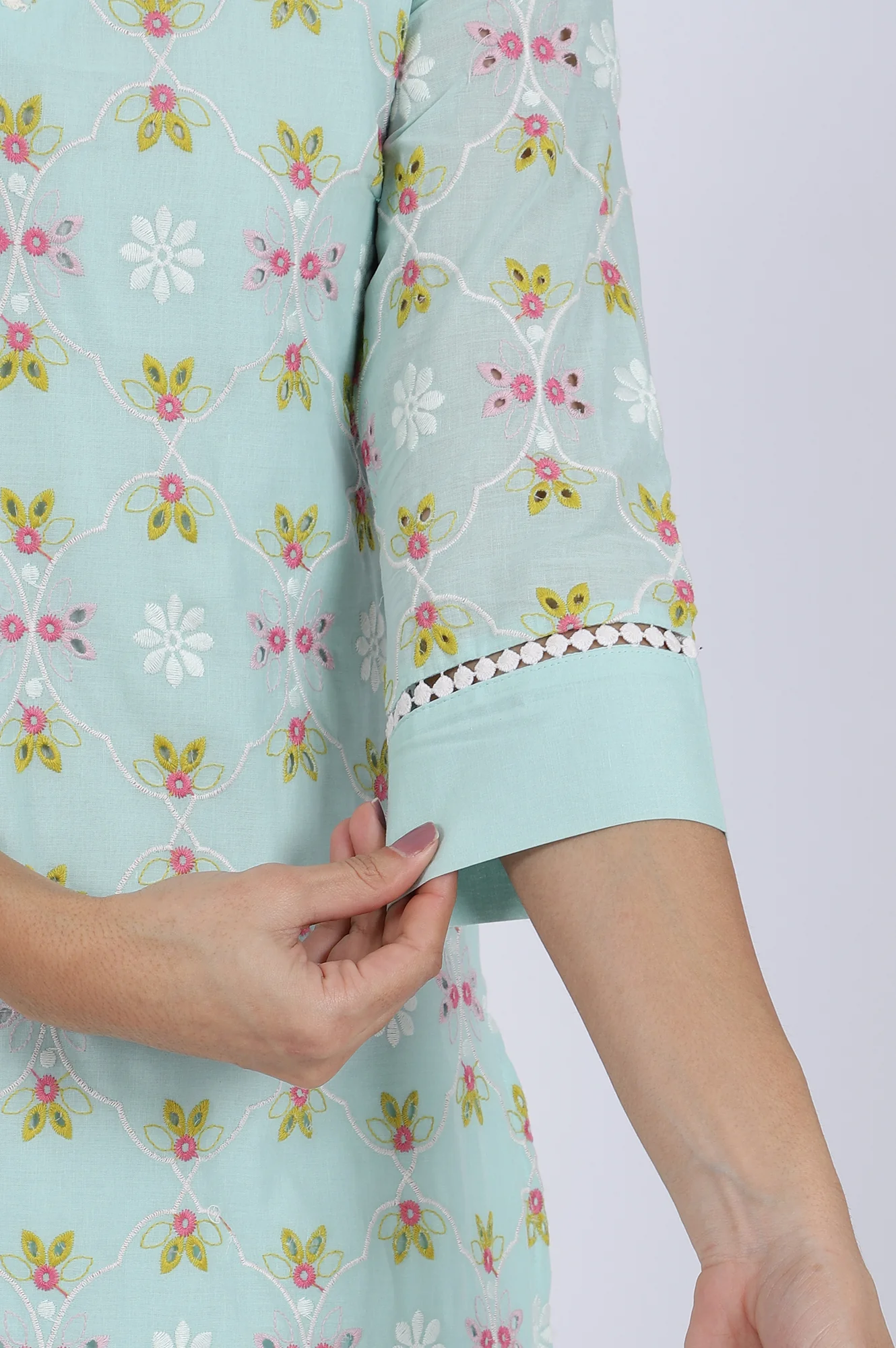 Blue Embroidered Lace Pure Cotton Straight Kurta & Straight Pant Set - Image 8