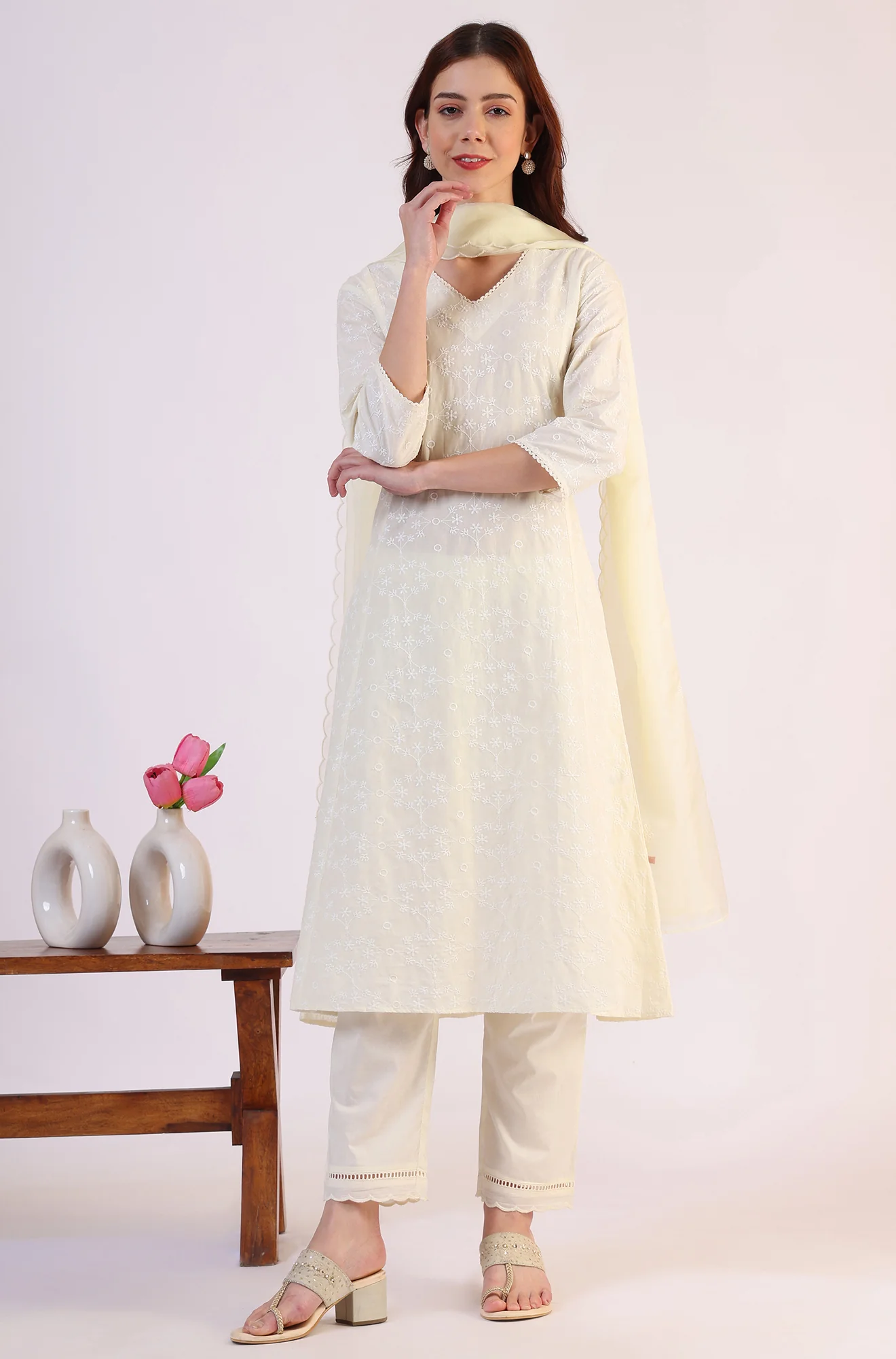 White Embroidered Lace Straight Pure Cotton Kurta & Straight Pant With Dupatta Set - Image 2