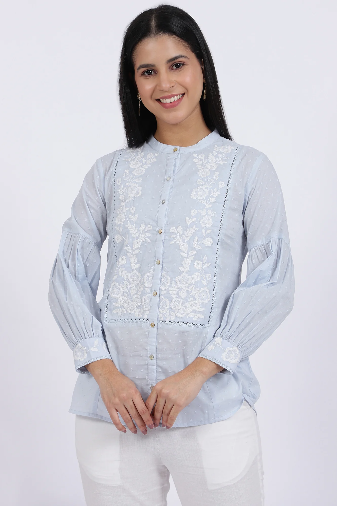 Blue Embroidered Pure Cotton Straight Top - Image 2