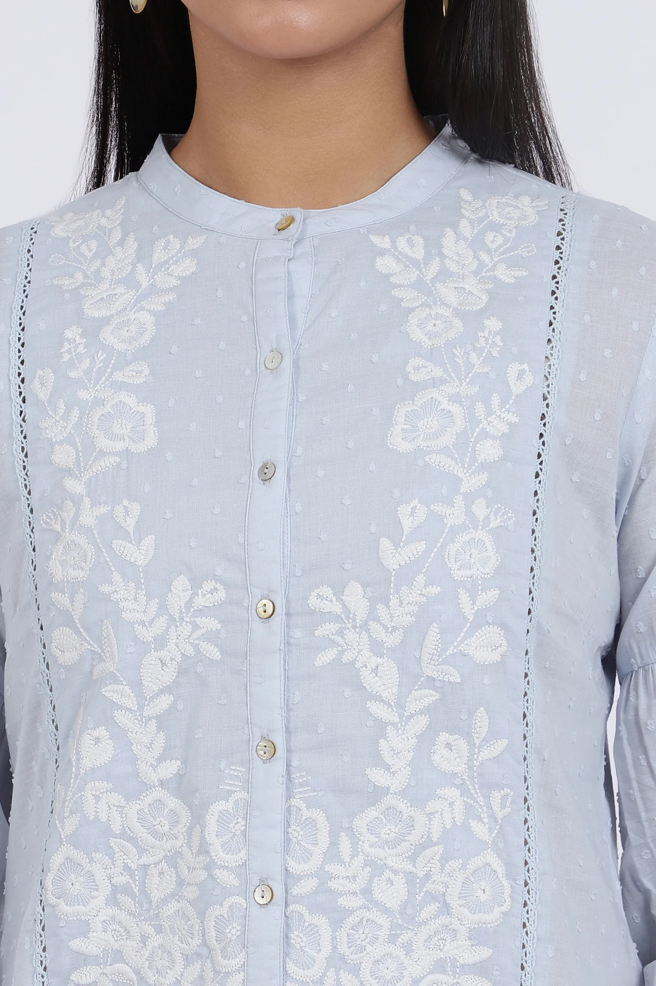 Blue Embroidered Pure Cotton Straight Top - Image 4