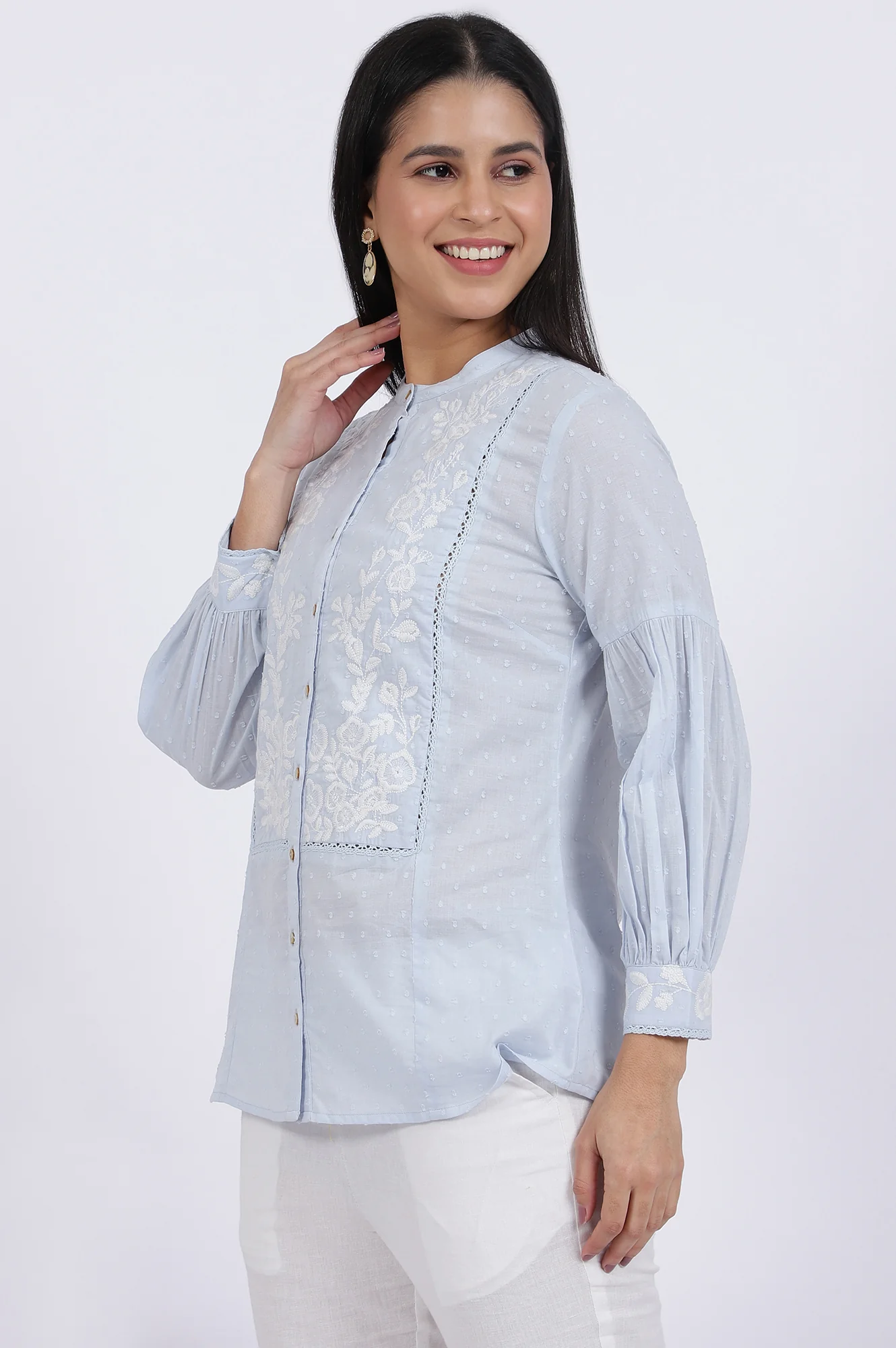 Blue Embroidered Pure Cotton Straight Top - Image 5