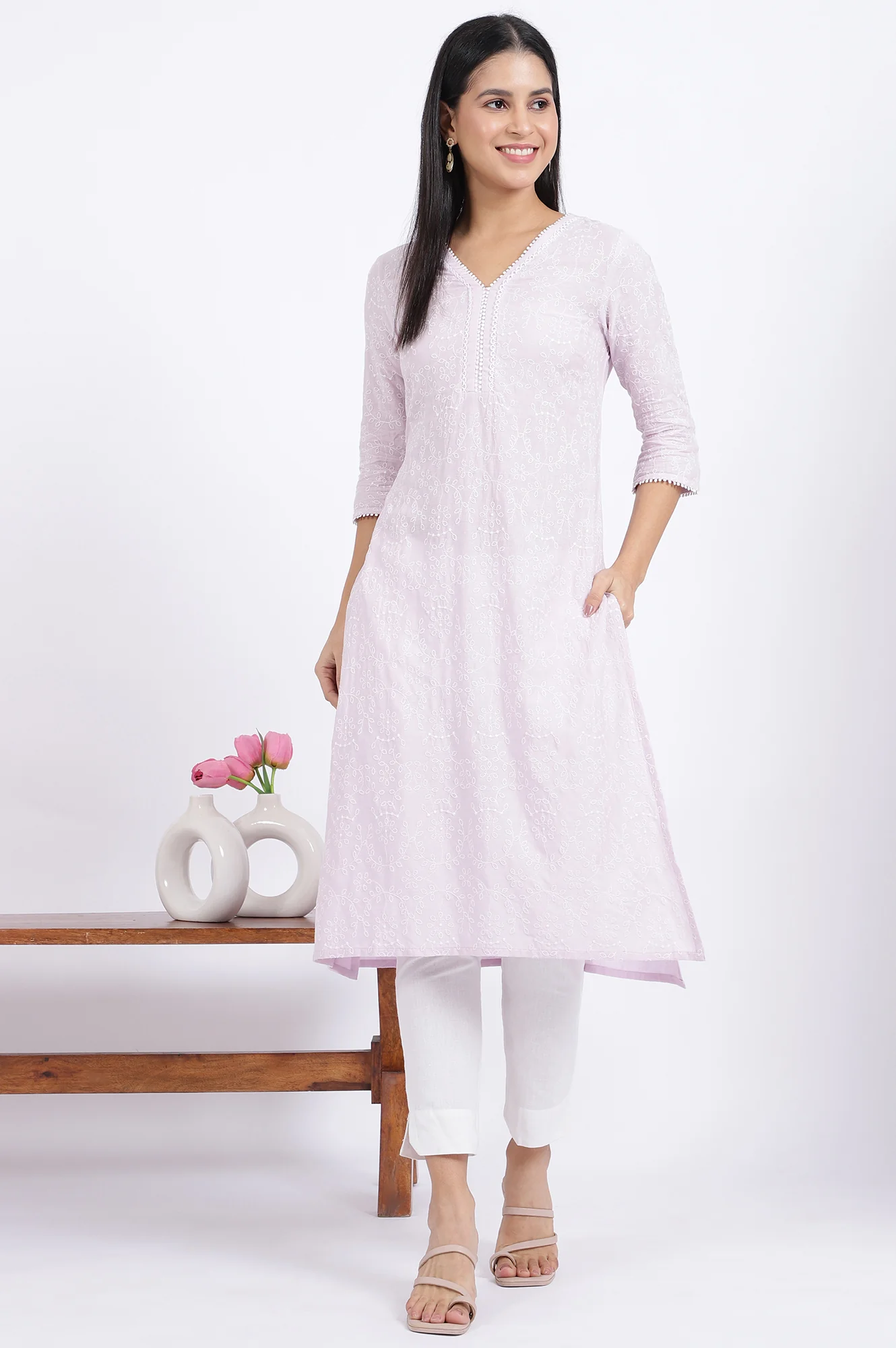 Purple Embroidered Straight Rayon Kurta - Image 3