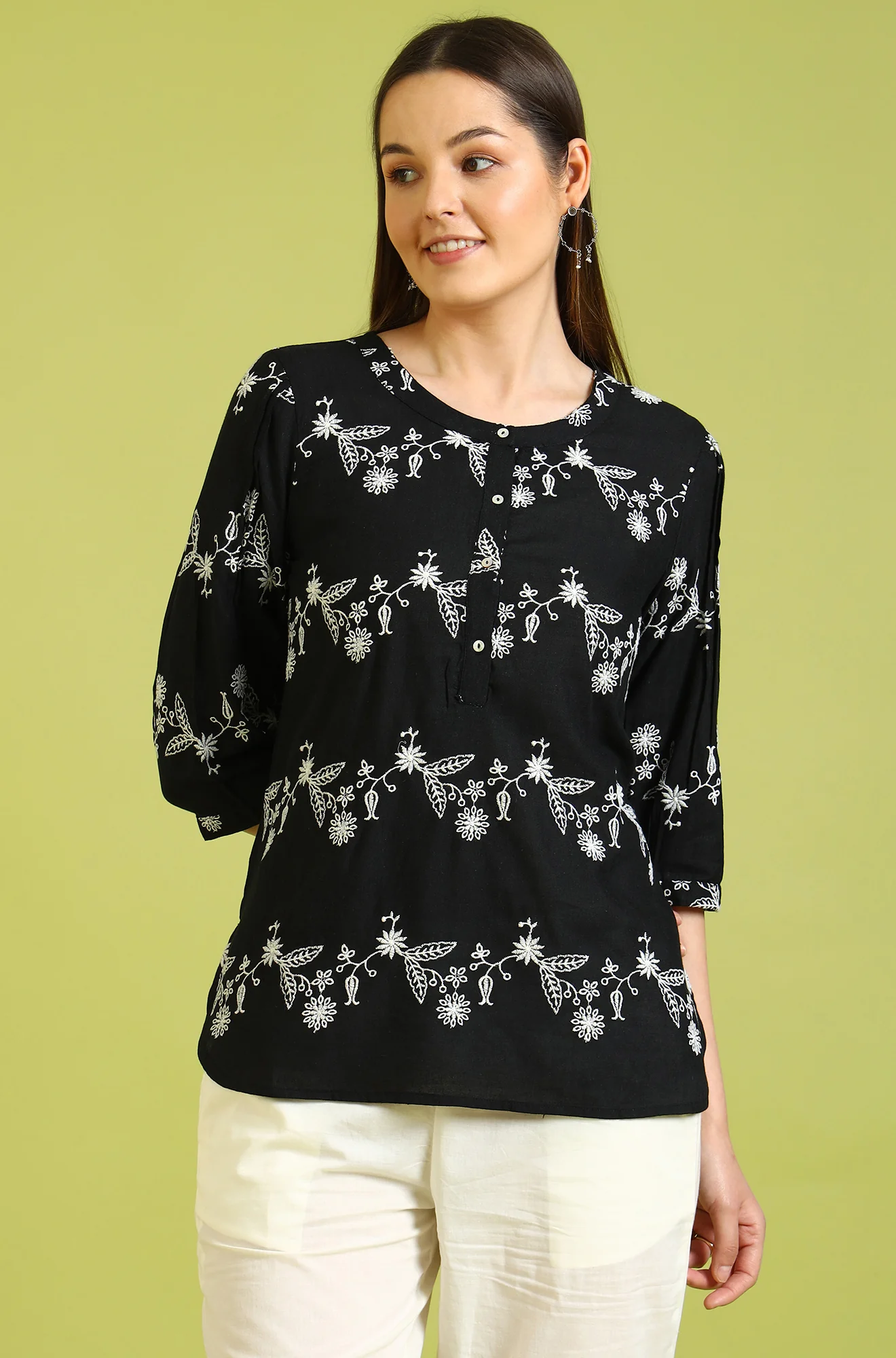 Black Embroidered Straight Rayon Top - Image 3