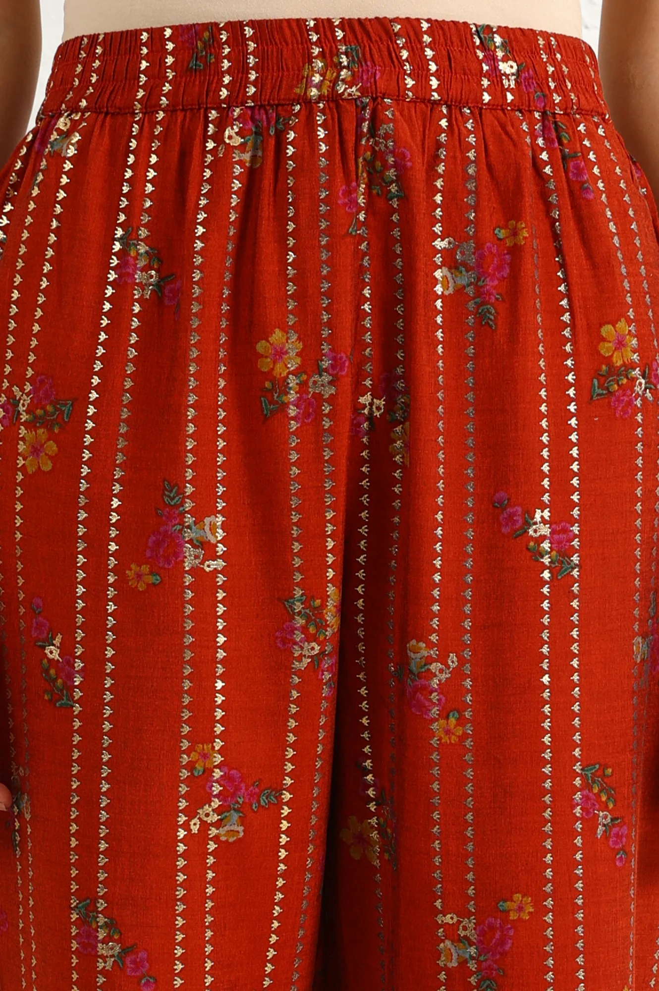 Equestrian Red Foil Floral Printed Vicuna Crepe Straight Kurta And Pants Set - Image 9