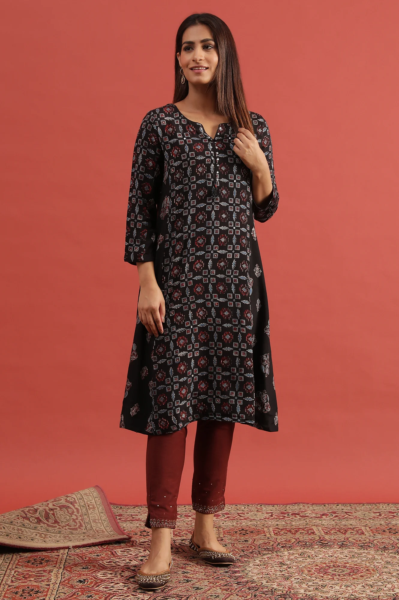 Espresso Flared Ajrakh Kurta - Image 2