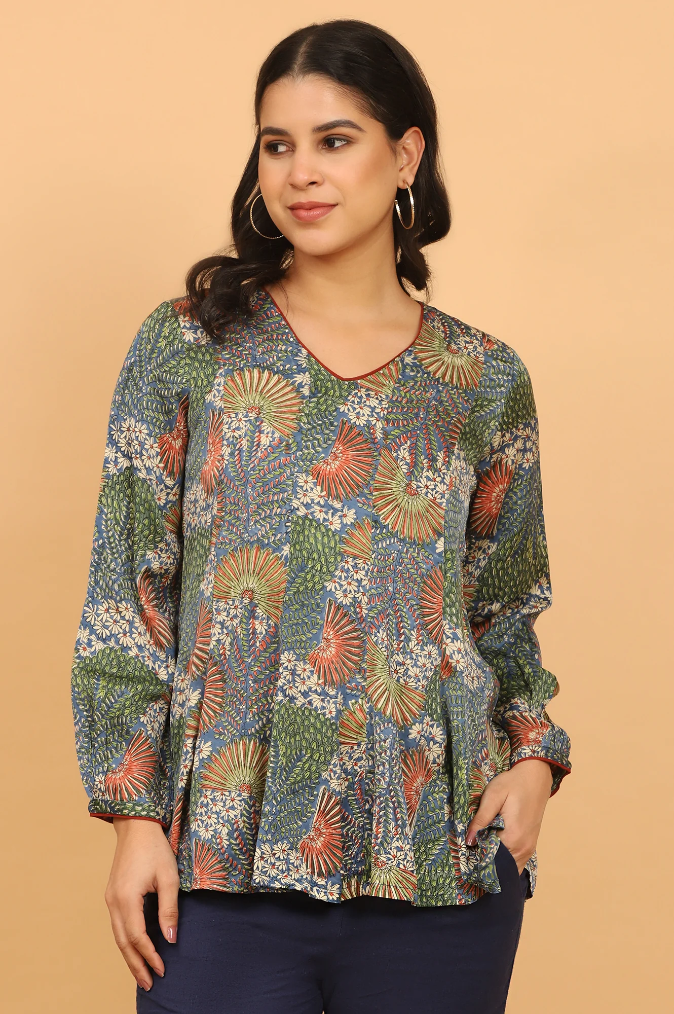 Floral Handblock Printed V-neck Top in Fluid Modal Satin - Image 2