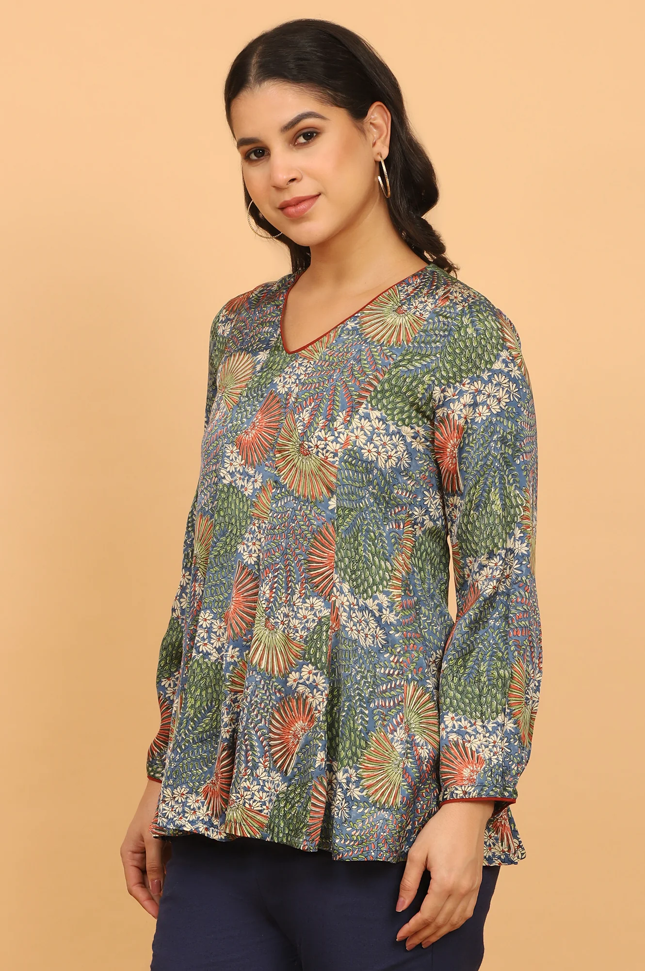 Floral Handblock Printed V-neck Top in Fluid Modal Satin - Image 5