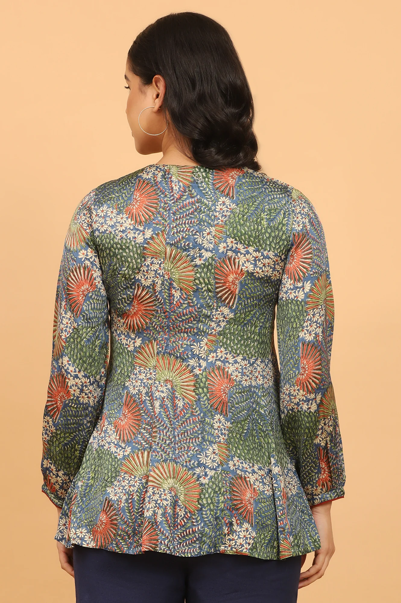 Floral Handblock Printed V-neck Top in Fluid Modal Satin - Image 6