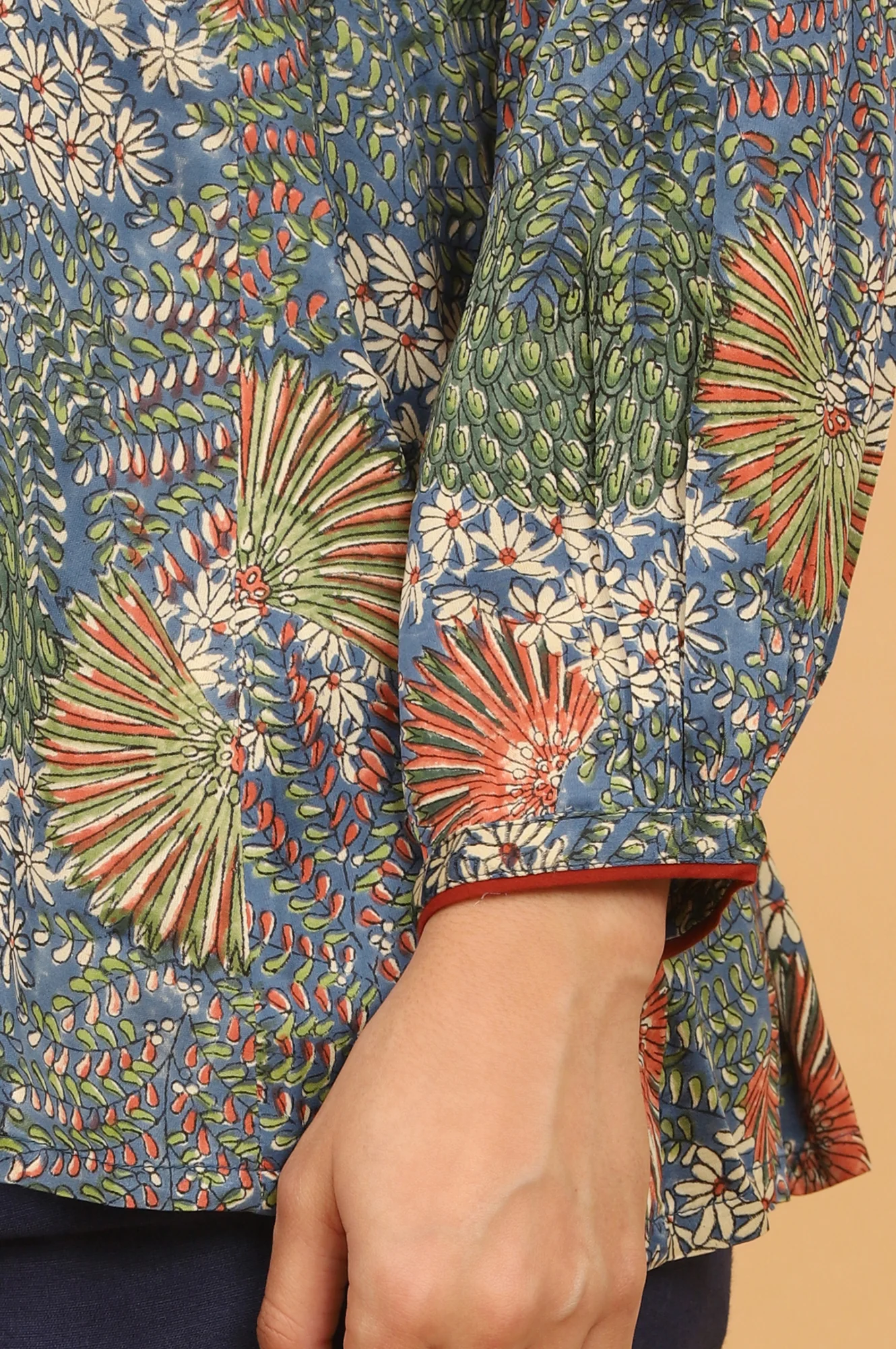Floral Handblock Printed V-neck Top in Fluid Modal Satin - Image 8