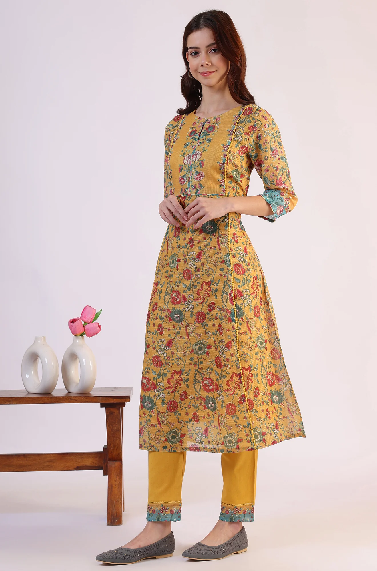 Yellow Floral Printed Flared Kota Kurta & Slim Pants With Dupatta Set - Image 5