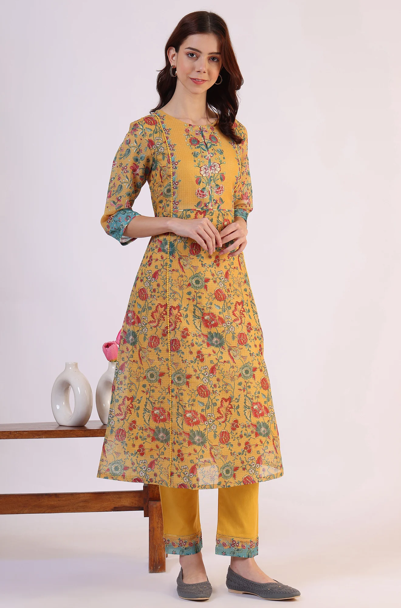Yellow Floral Printed Flared Kota Kurta & Slim Pants With Dupatta Set - Image 7