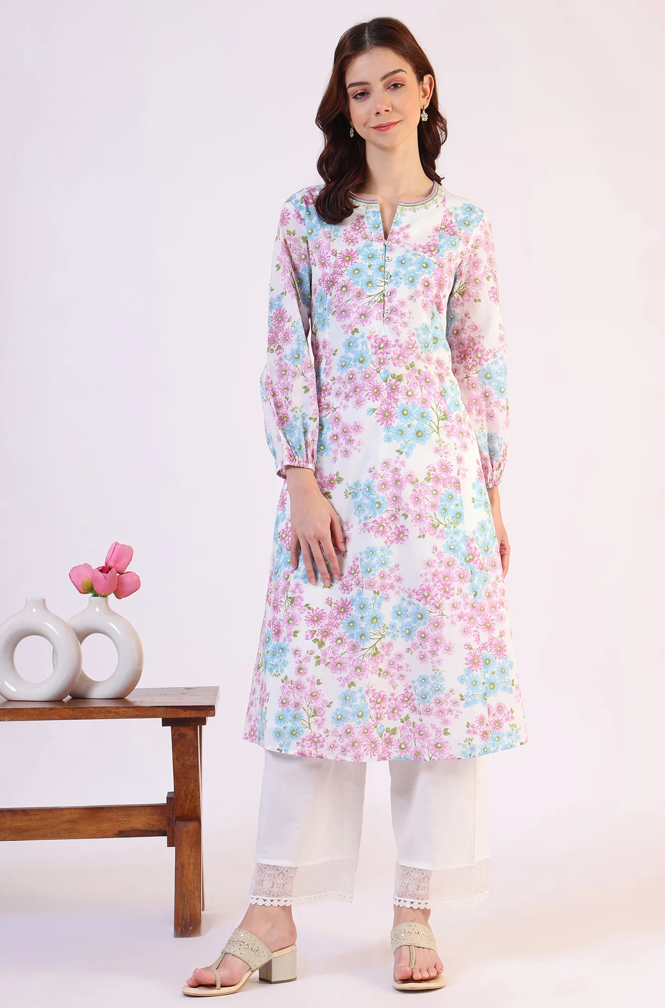 Purple Floral Printed Flared Pure Cotton Kurta With Embroidered Neck - Image 2