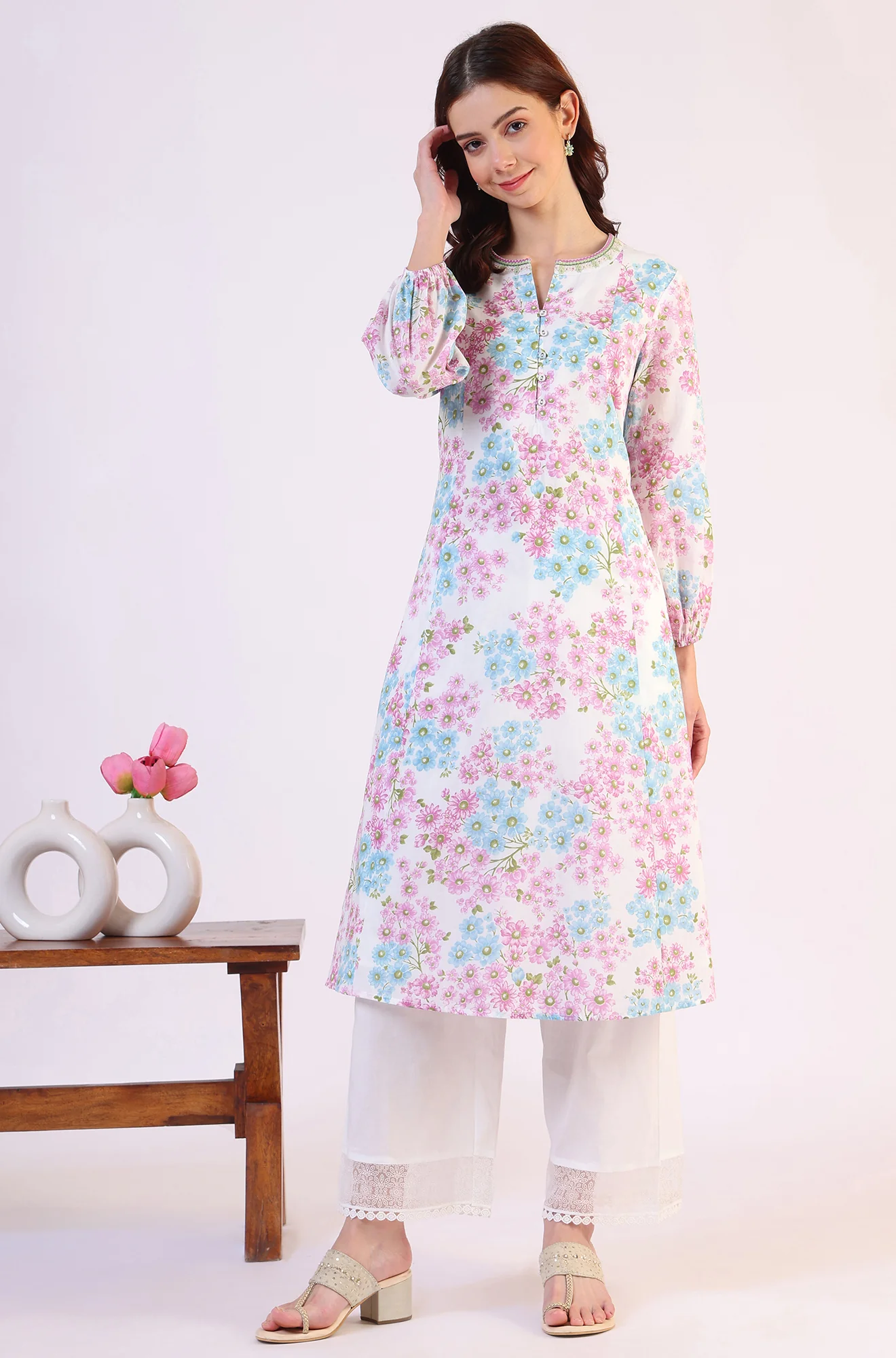 Purple Floral Printed Flared Pure Cotton Kurta With Embroidered Neck - Image 3