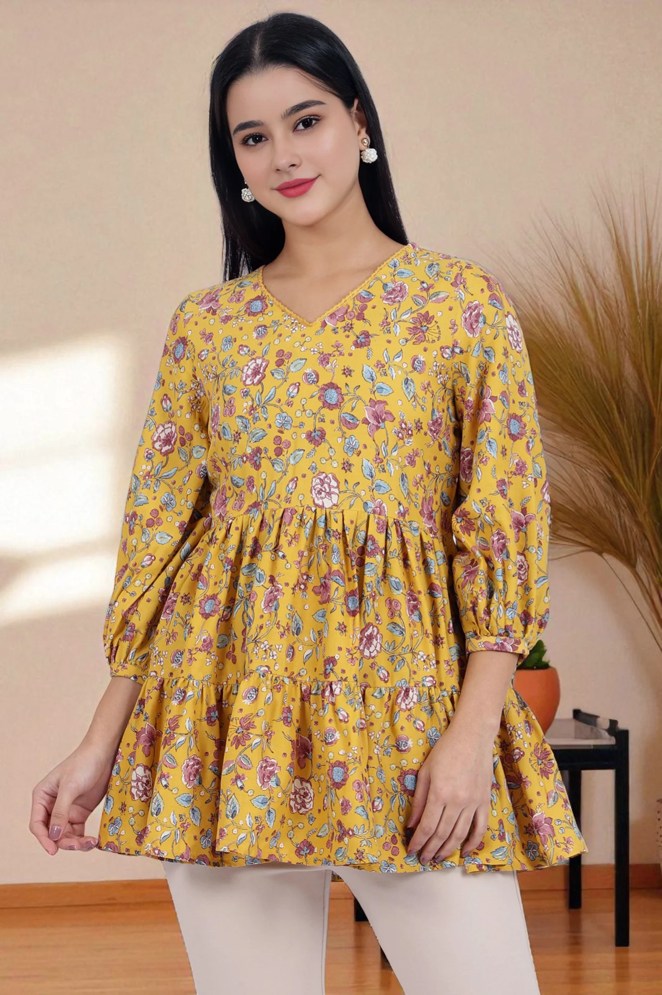 Yellow Floral Printed Flared Tiered Top with Sleeves