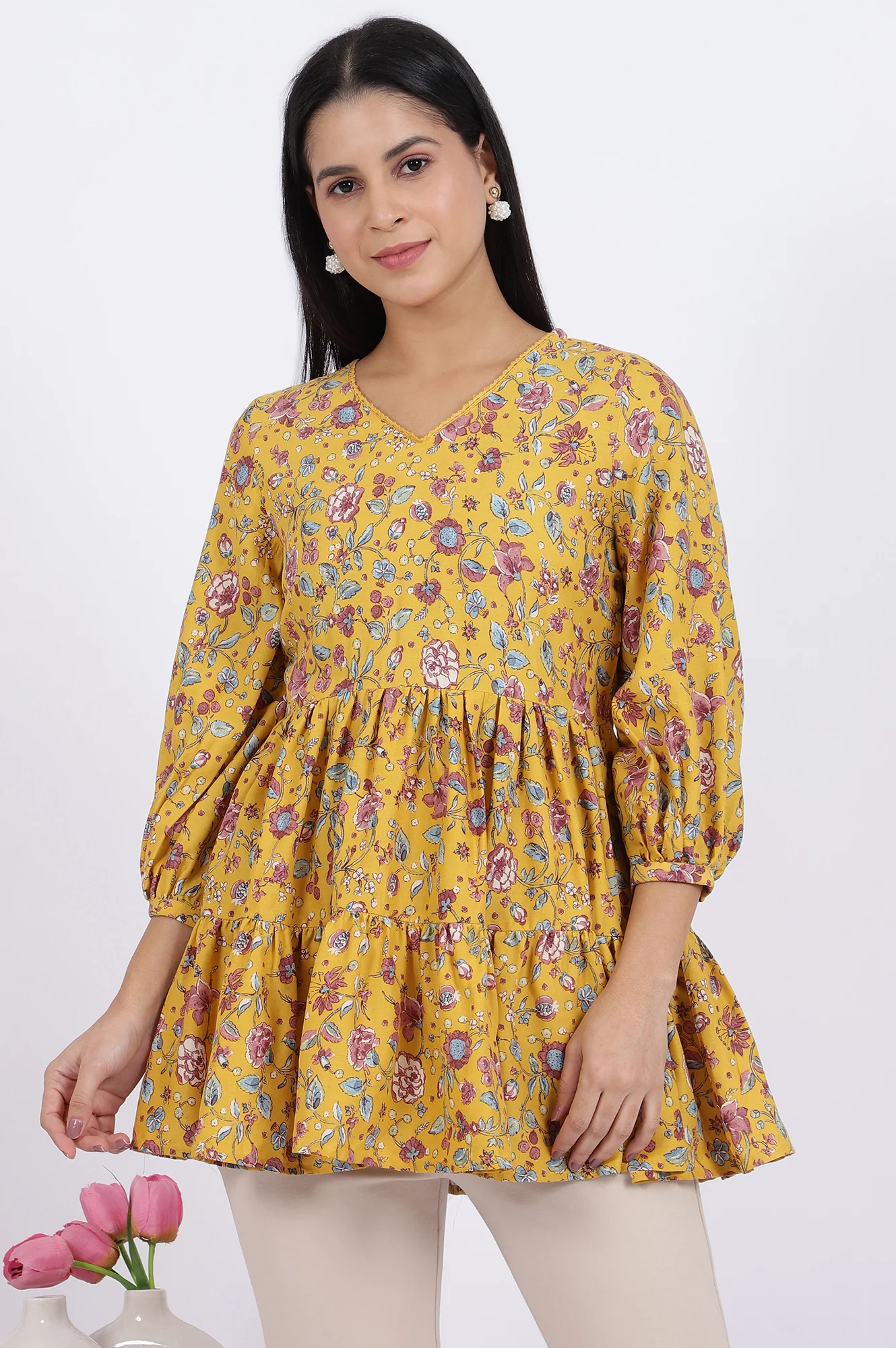 Yellow Floral Printed Flared Tiered Top with Sleeves - Image 2