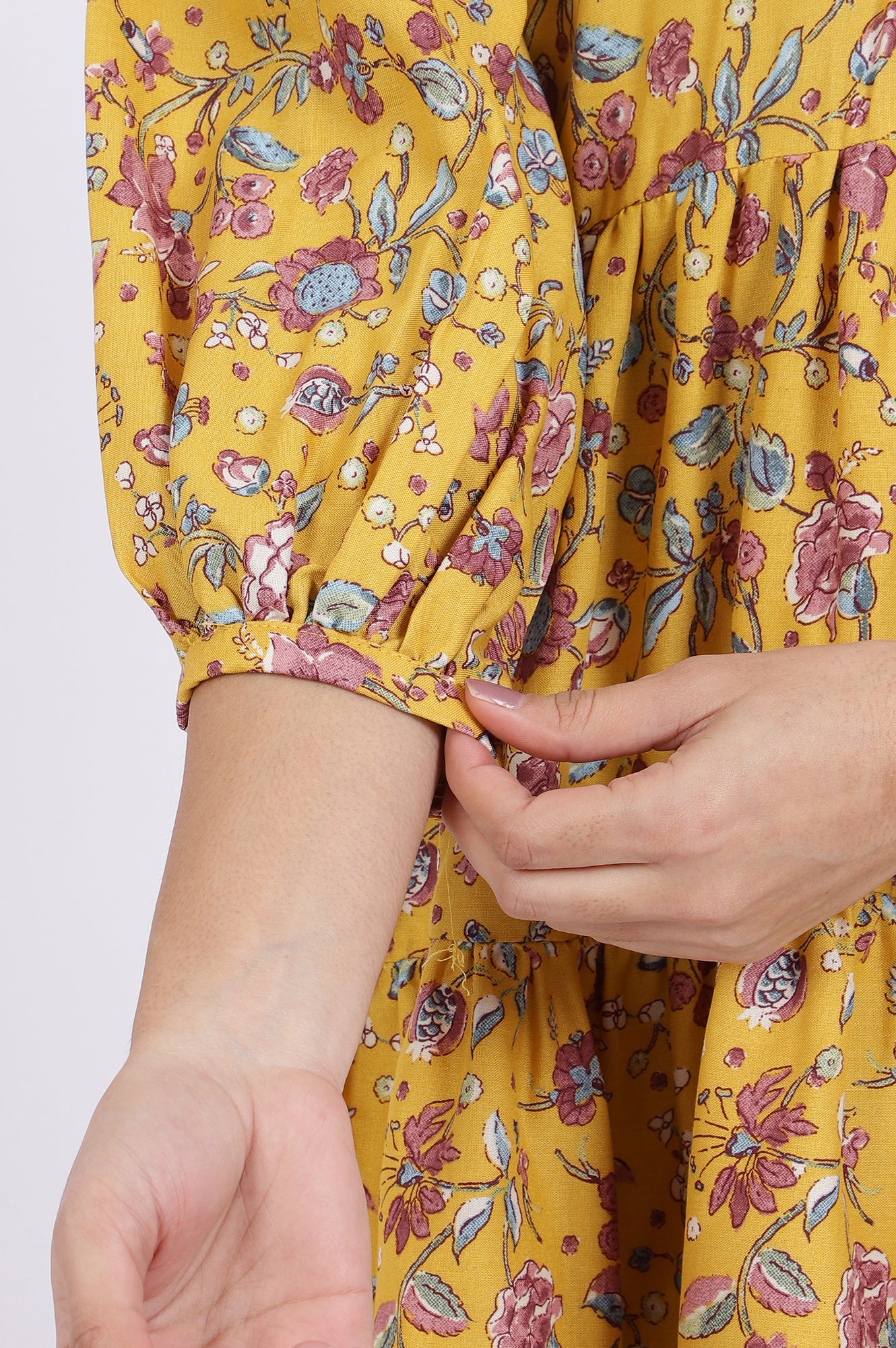 Yellow Floral Printed Flared Tiered Top with Sleeves - Image 8
