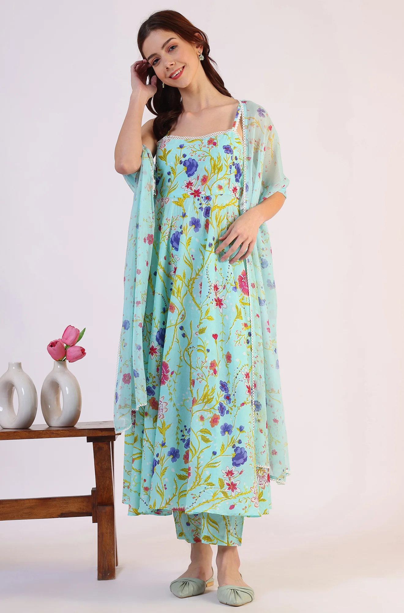 Floral Printed Lace Flared Pure Cotton Kurta & Straight Pant with Dupatta Set - Image 2