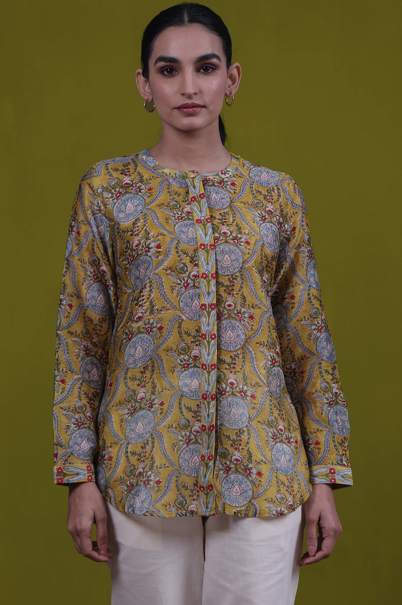 Yellow Floral Printed Mirror Work Straight Cotton Blend Top - Image 2