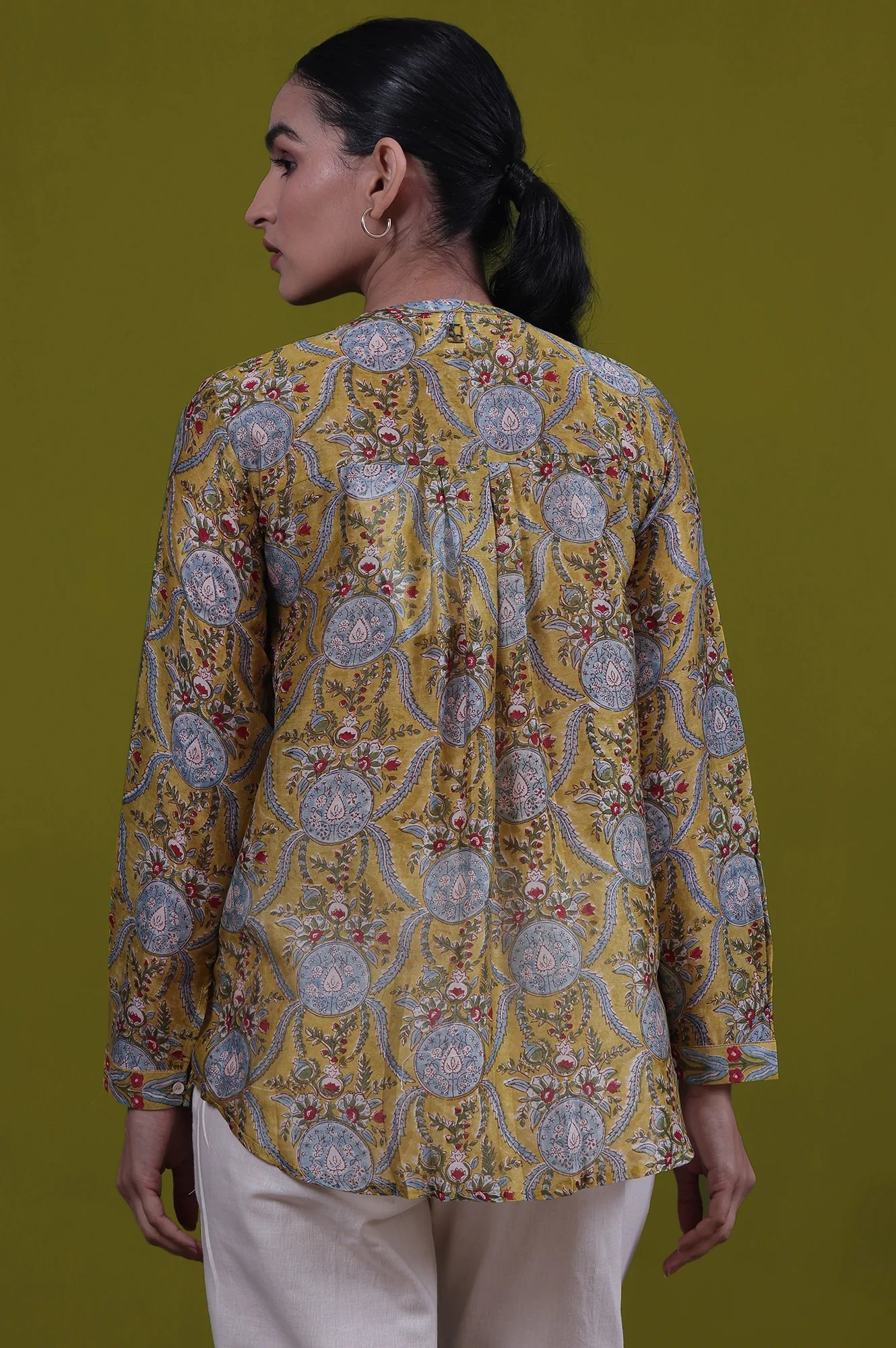Yellow Floral Printed Mirror Work Straight Cotton Blend Top - Image 6