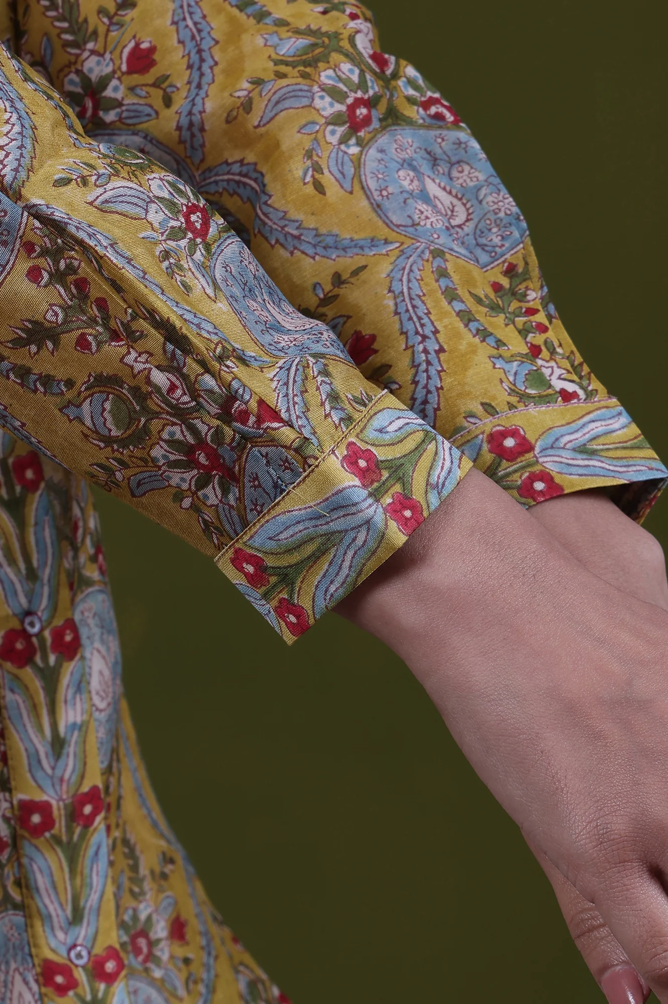 Yellow Floral Printed Mirror Work Straight Cotton Blend Top - Image 8