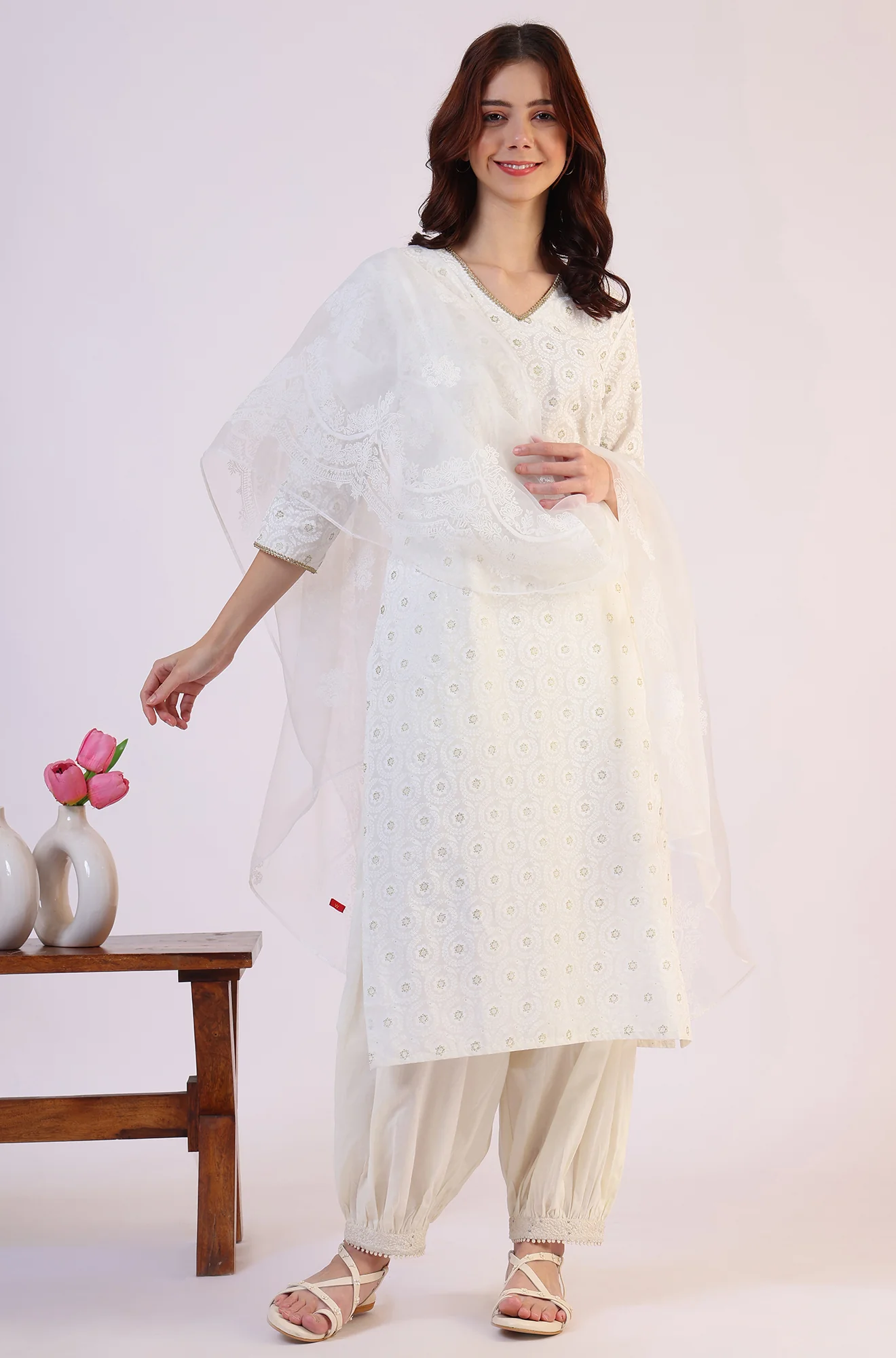 White Floral Printed Polyester Dupatta - Image 2