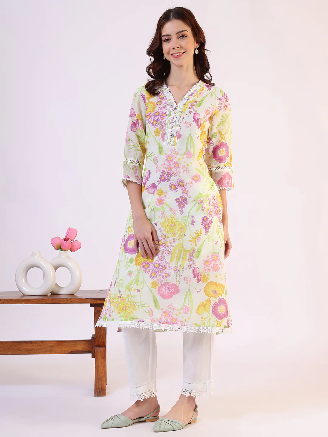 Cream Floral Printed Straight Kota Lace Kurta - Image 5