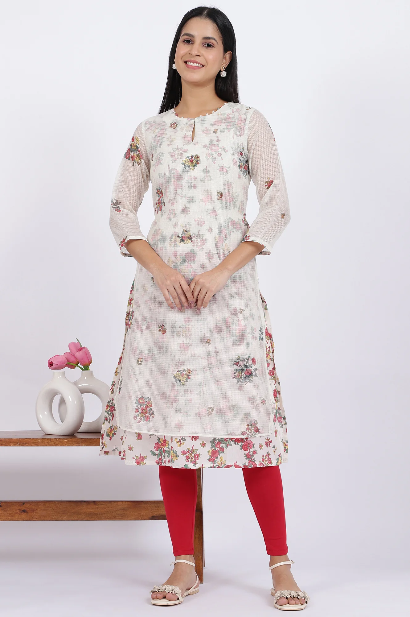 White Floral Printed Straight Polyester Kurta - Image 2