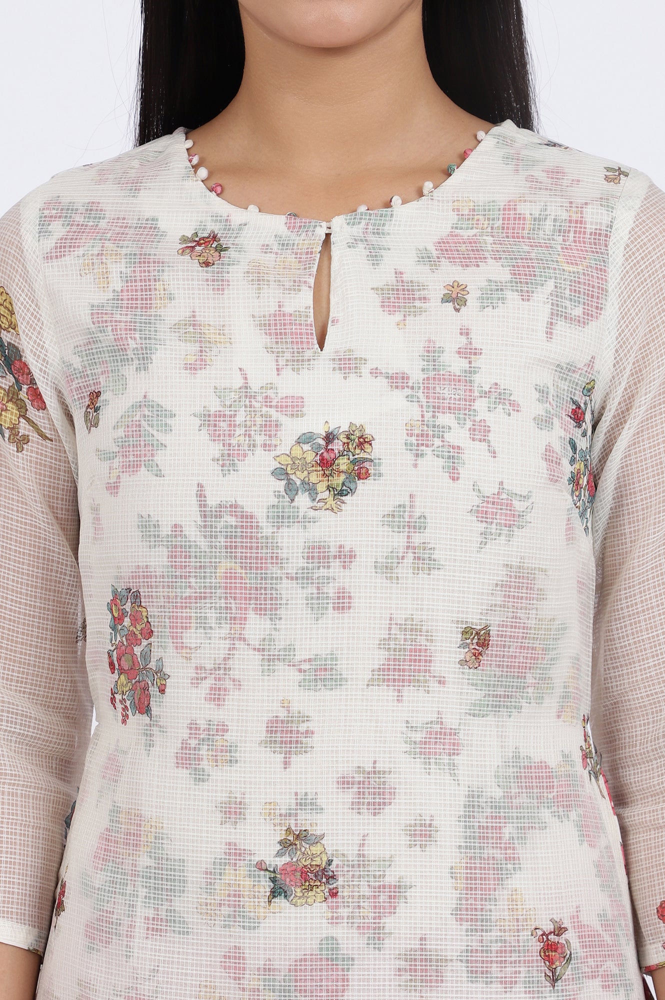 White Floral Printed Straight Polyester Kurta - Image 4