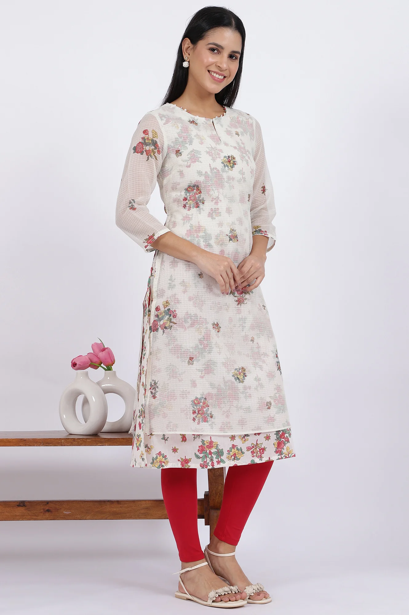 White Floral Printed Straight Polyester Kurta - Image 7