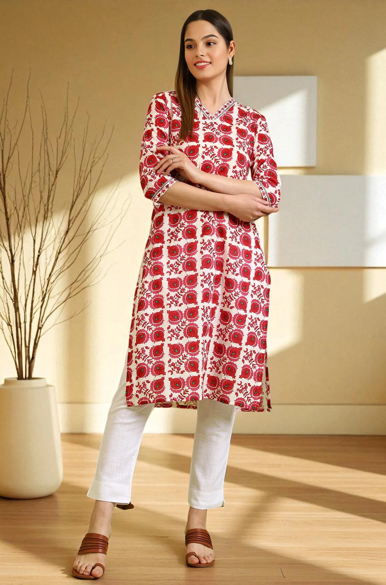 Floral Printed Straight Pure Cotton Kurta with Border Patch