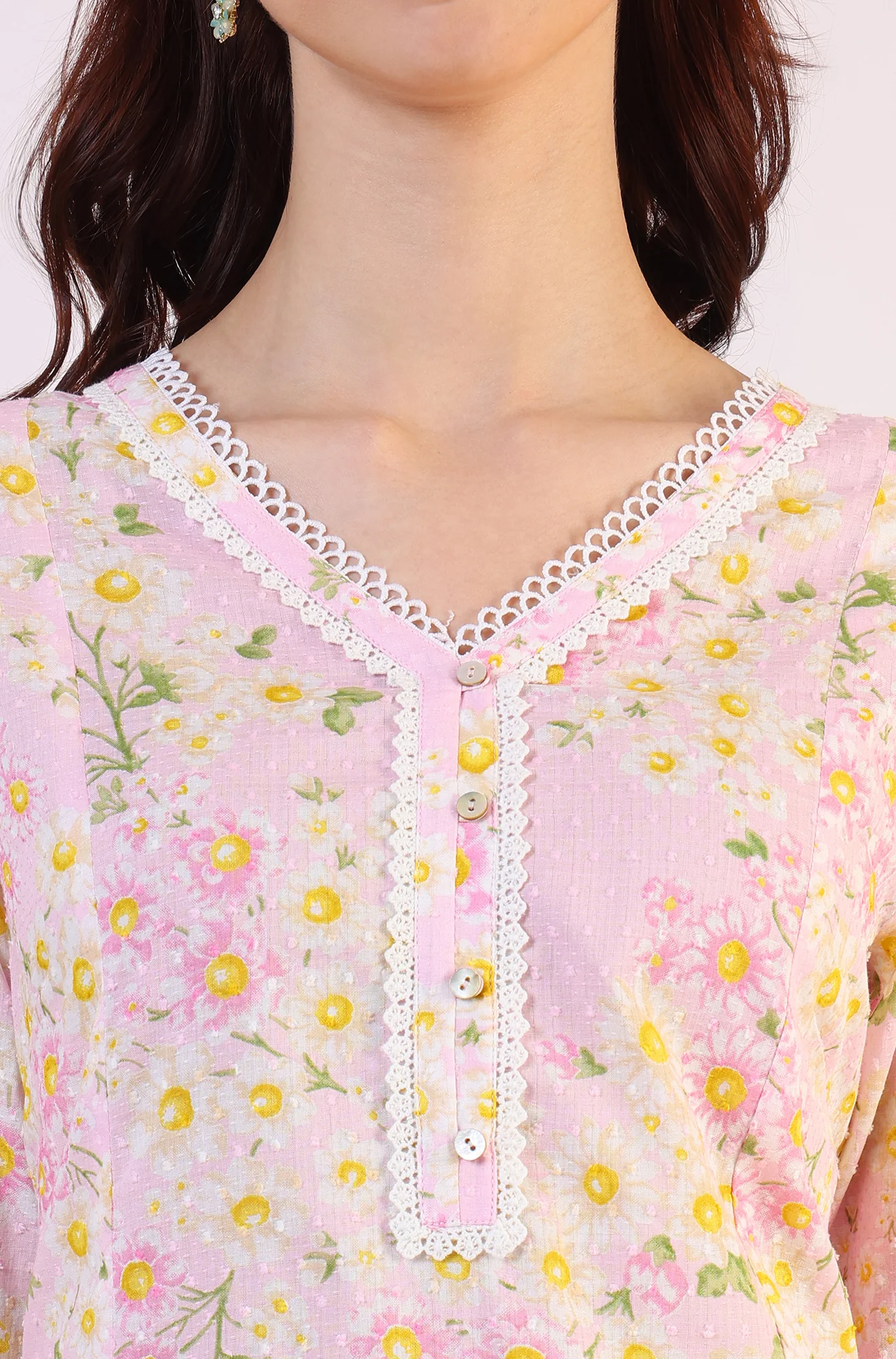 Floral Printed Straight Pure Cotton Textured Kurta with Lace - Image 4
