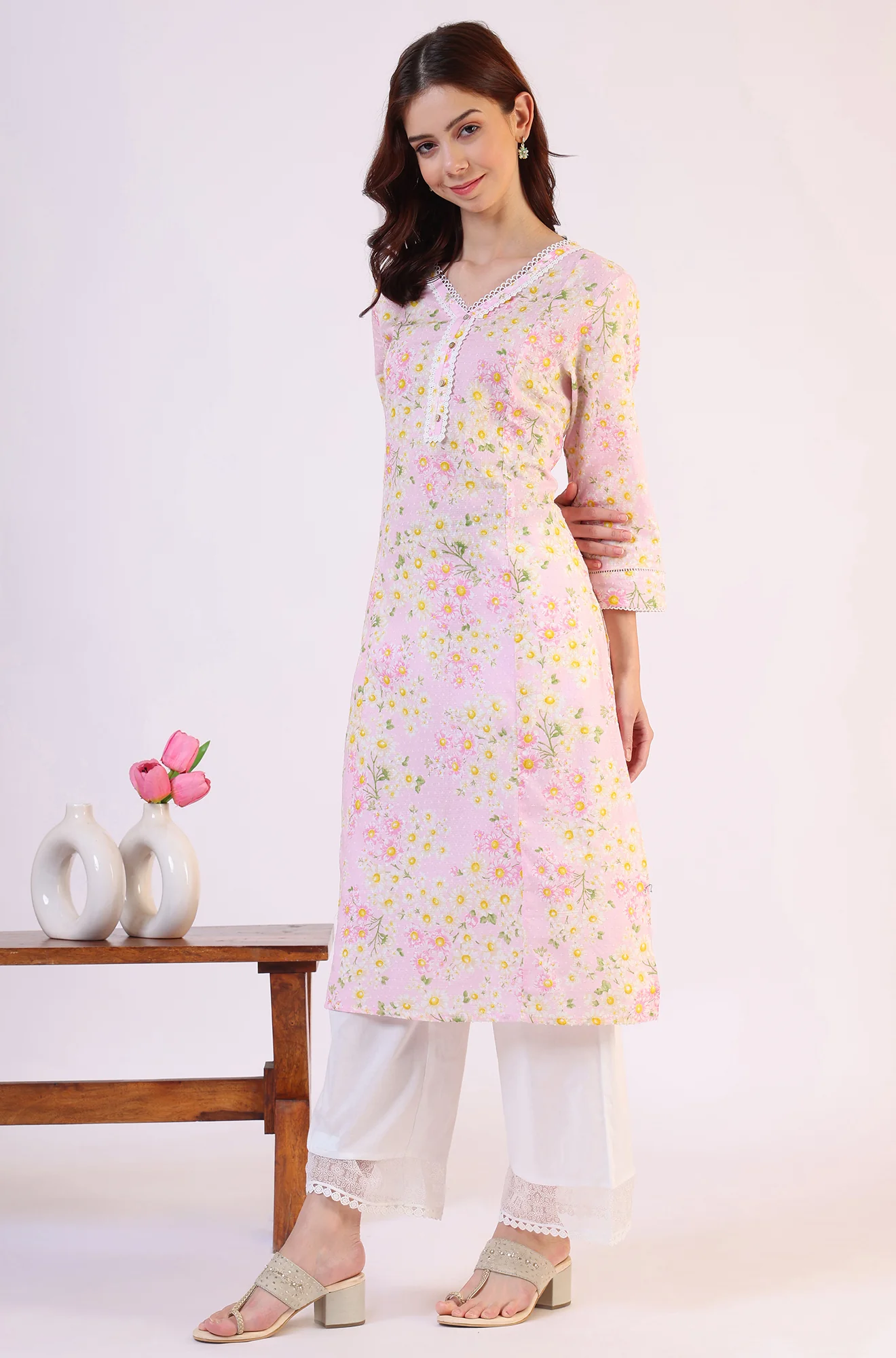Floral Printed Straight Pure Cotton Textured Kurta with Lace - Image 5